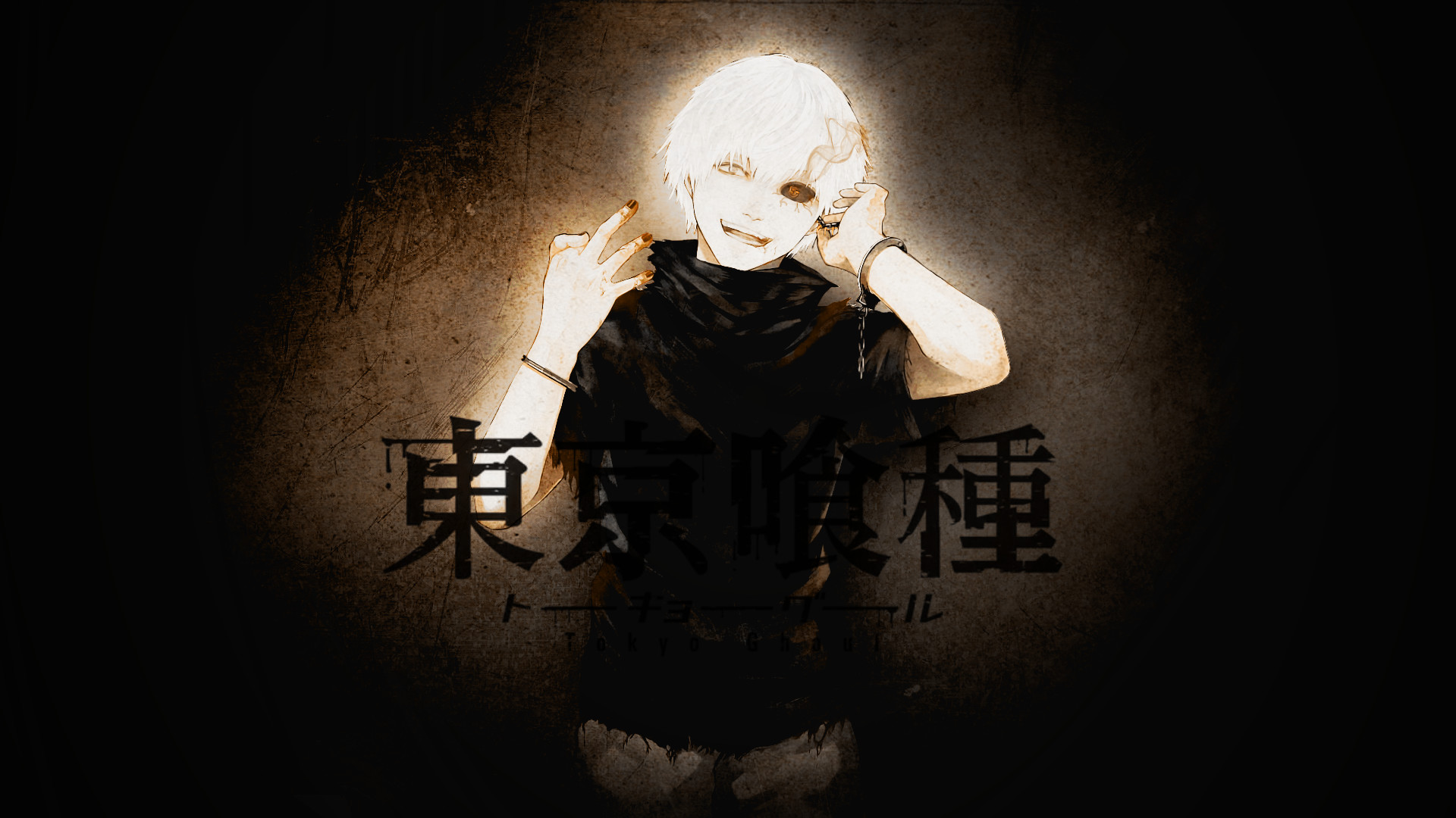 Ken Kaneki, Tokyo Ghoul, Logo giapponese, Sfondo scuro, Full HD, wallpaper per computer