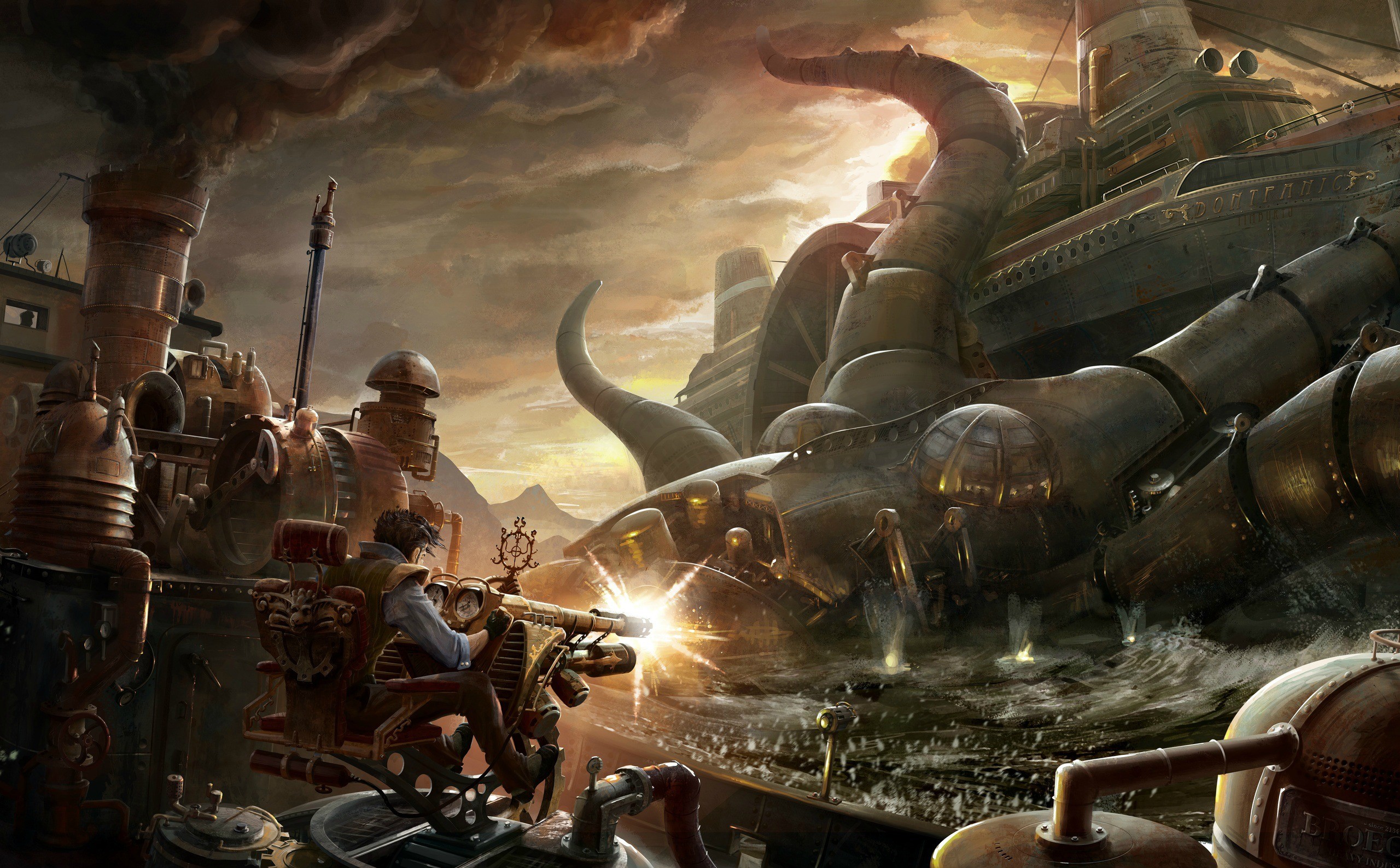 Battaglia, Macchine a vapore, Fantasy, Arte digitale, 2K, sfondo per portatile
