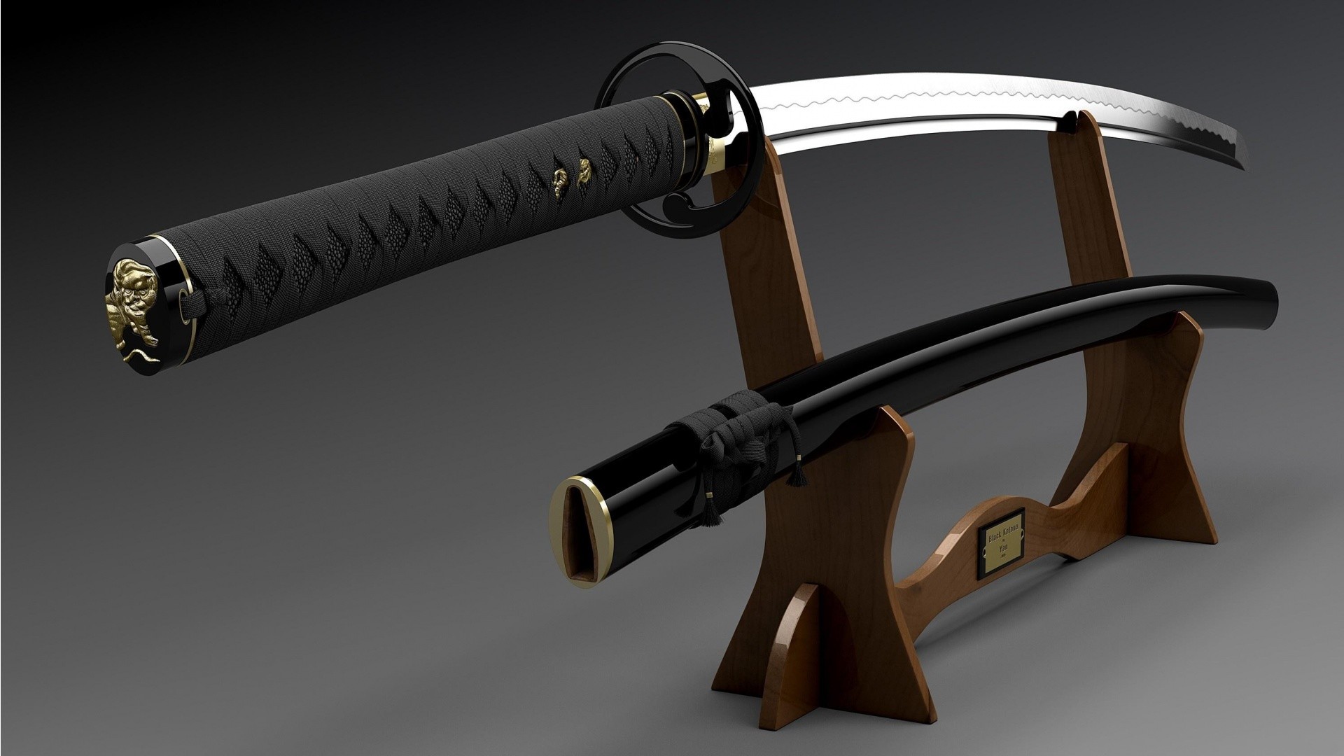 Katana, Wakizashi, Supporto per spada, Sfondo scuro, Full HD, wallpaper per computer