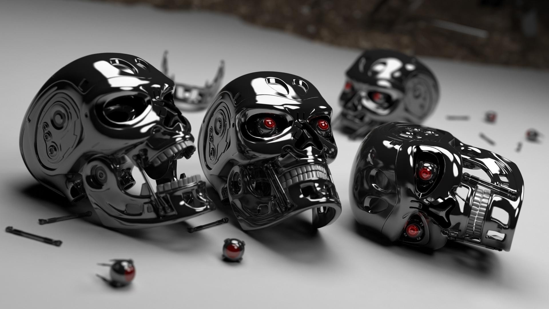 Terminator, Teschi T-800, Endoscheletro, Metallo cromato, Rendering 3D, sfondo widescreen Full HD