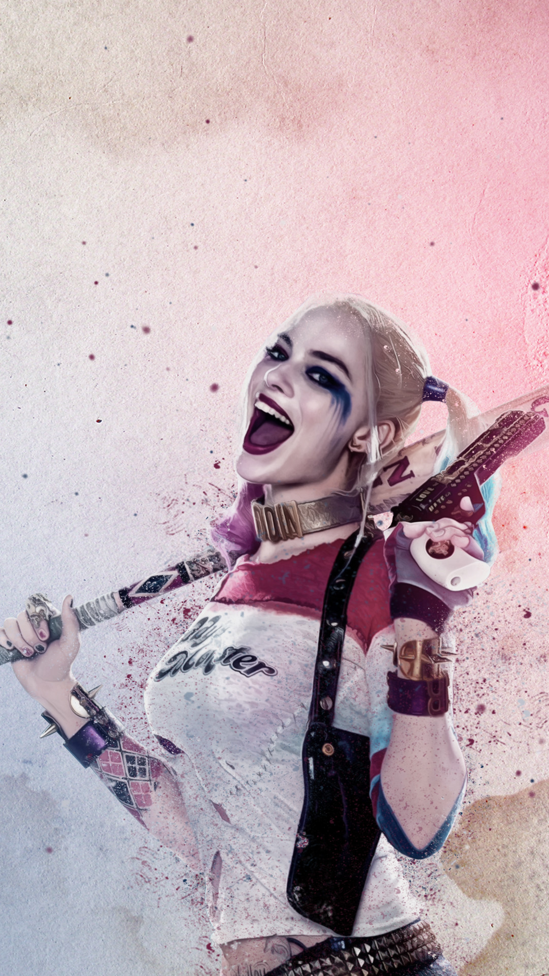 Harley Quinn, Suicide Squad, Mazza da baseball, Acquerello, Rosa, sfondo schermata Home