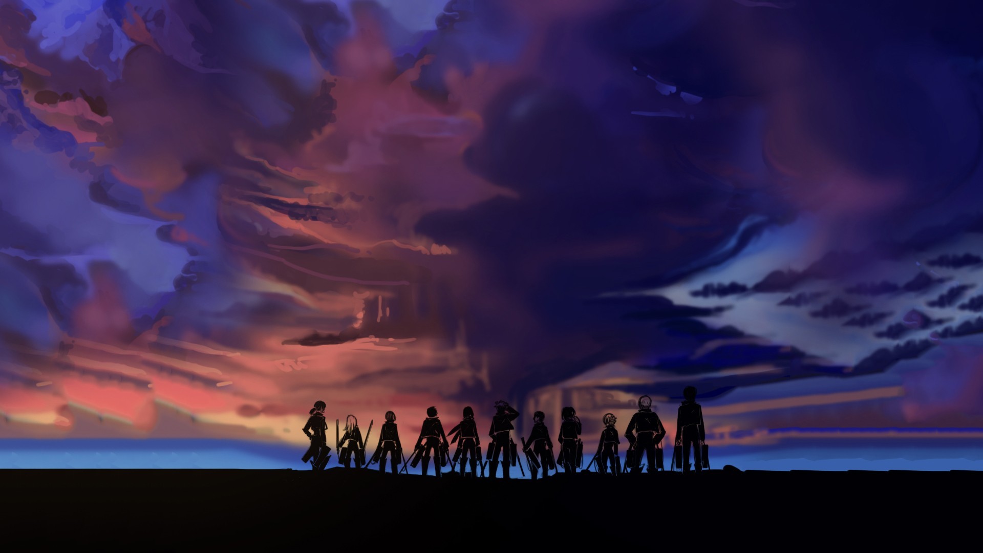 L'attacco dei giganti, Corpo di ricerca, Silhouette, Cielo viola, Crepuscolo, sfondo 1080p
