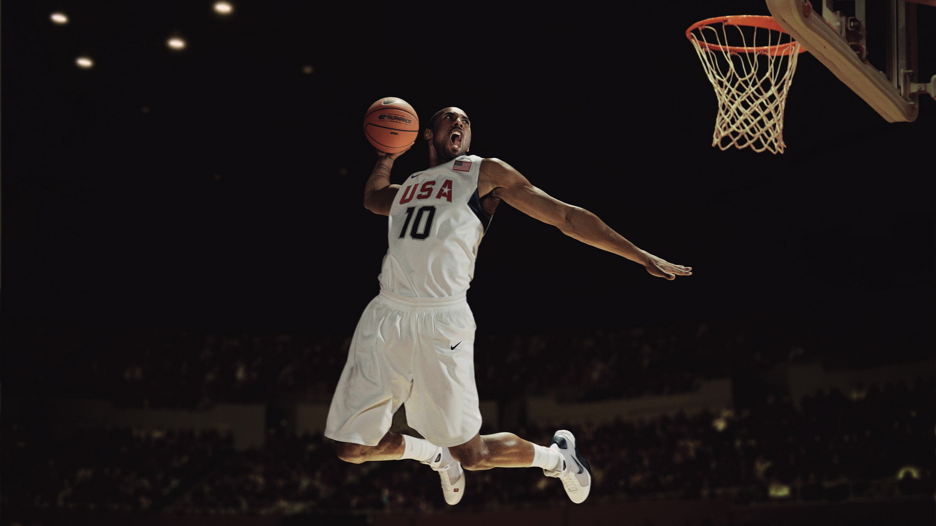 Kobe Bryant, Team USA, Schiacciata, Sfondo nero, 16:9 Full HD, wallpaper widescreen