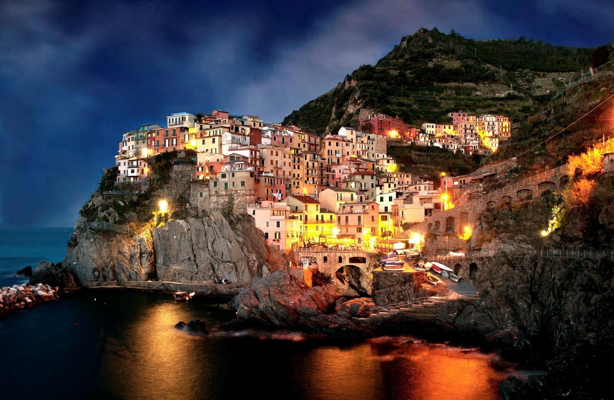 Manarola, Cinque Terre, Liguria, Italia, Notte, Full HD, sfondo per portatile
