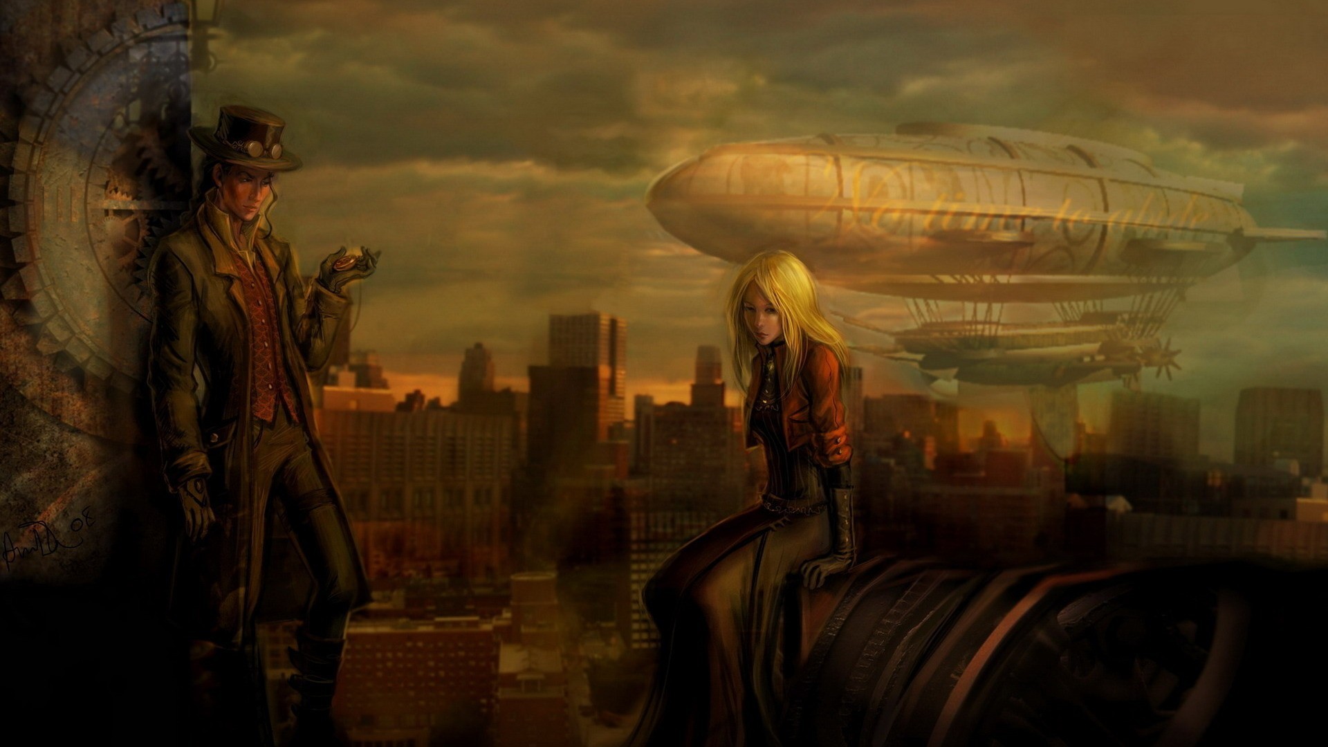 Cowboy, Donna bionda, Dirigibile, Città, Steampunk, Full HD, sfondo per PC e portatile