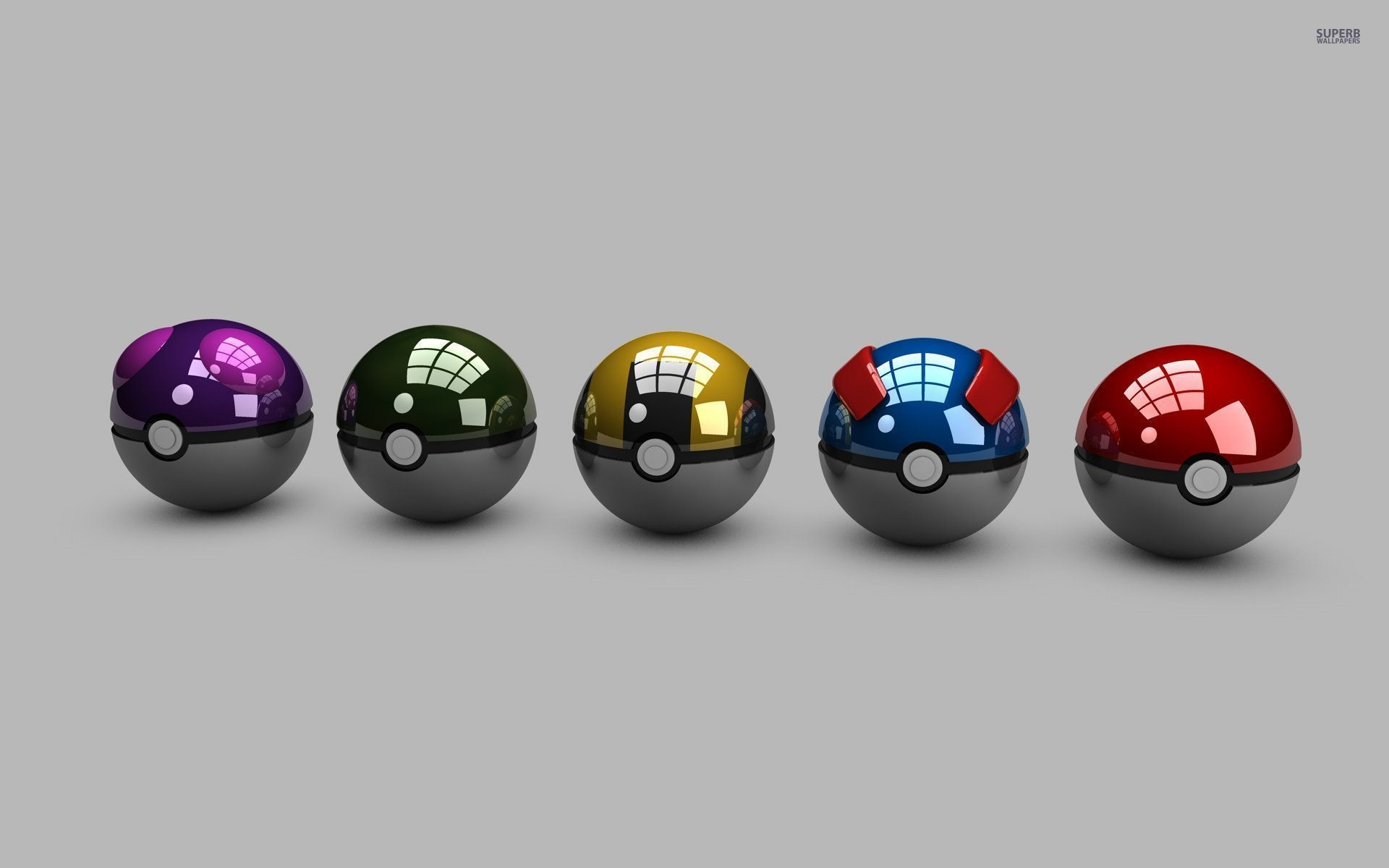 Poké Ball, Master Ball, Mega Ball, Pokémon, 3D, Sfondo grigio, 16:10 Full HD, wallpaper widescreen