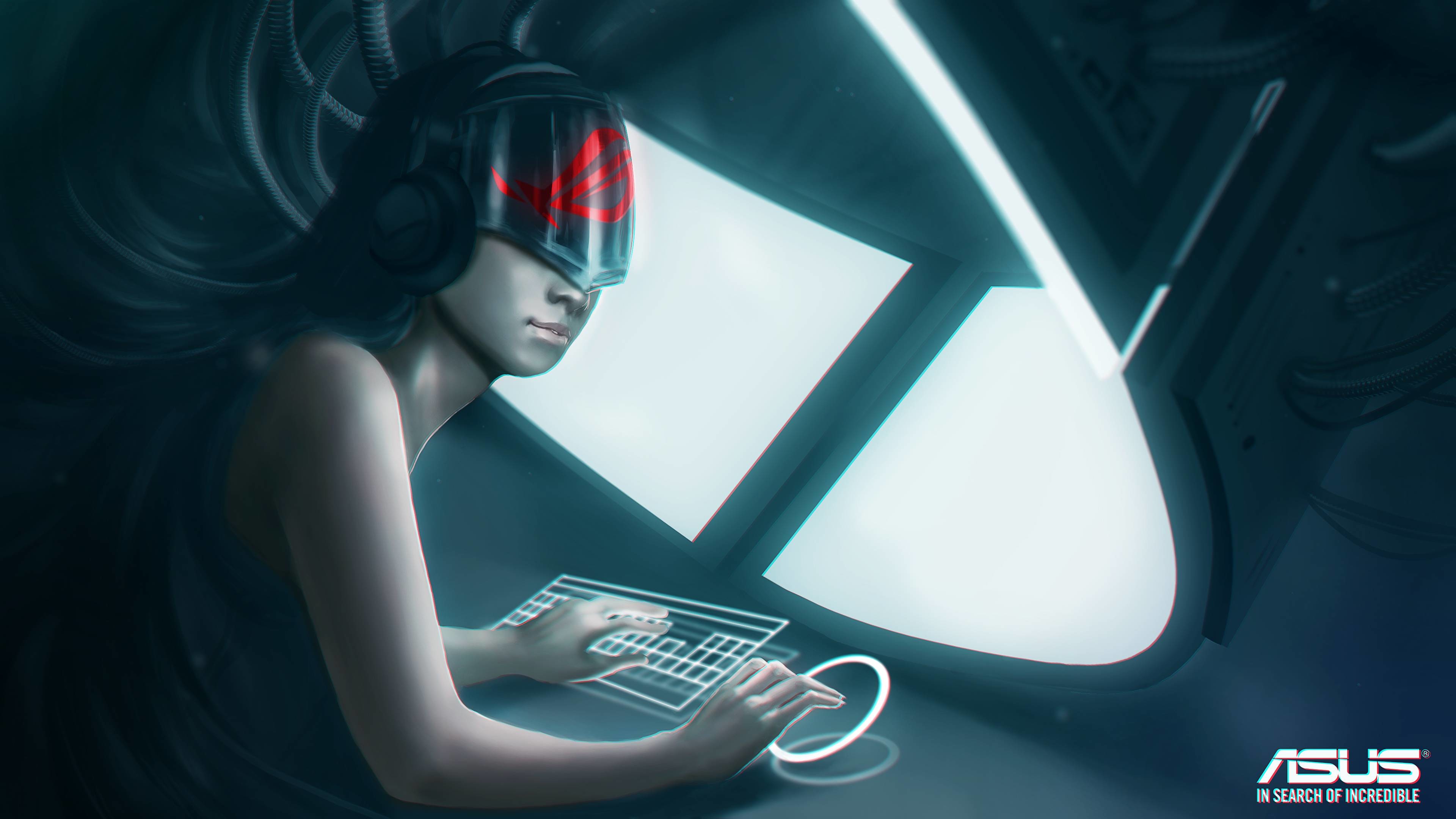 Asus, Ragazza gamer, Tastiera, Cuffie, Illustrazione, 4K, sfondo per PC