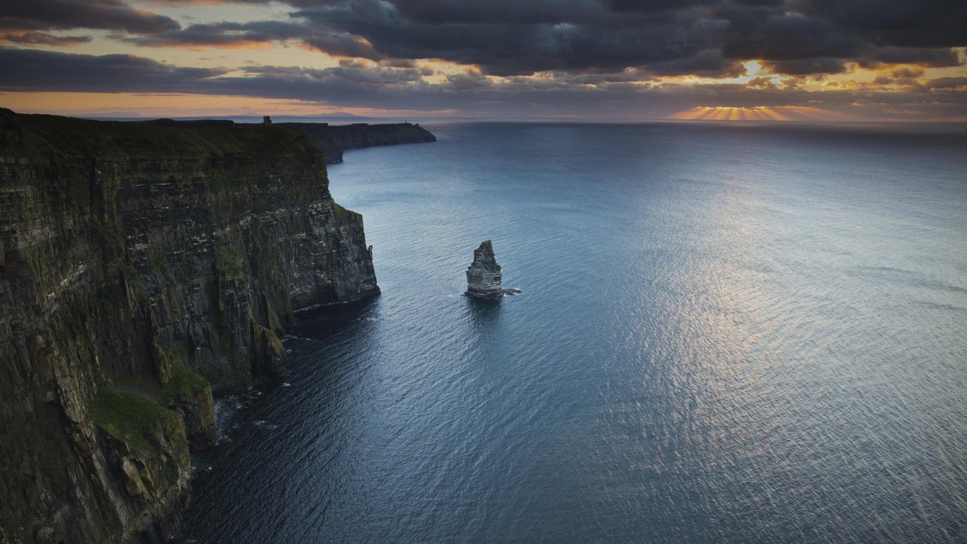 Scogliere di Moher, Irlanda, Faraglione, Tramonto, Full HD, wallpaper per portatile