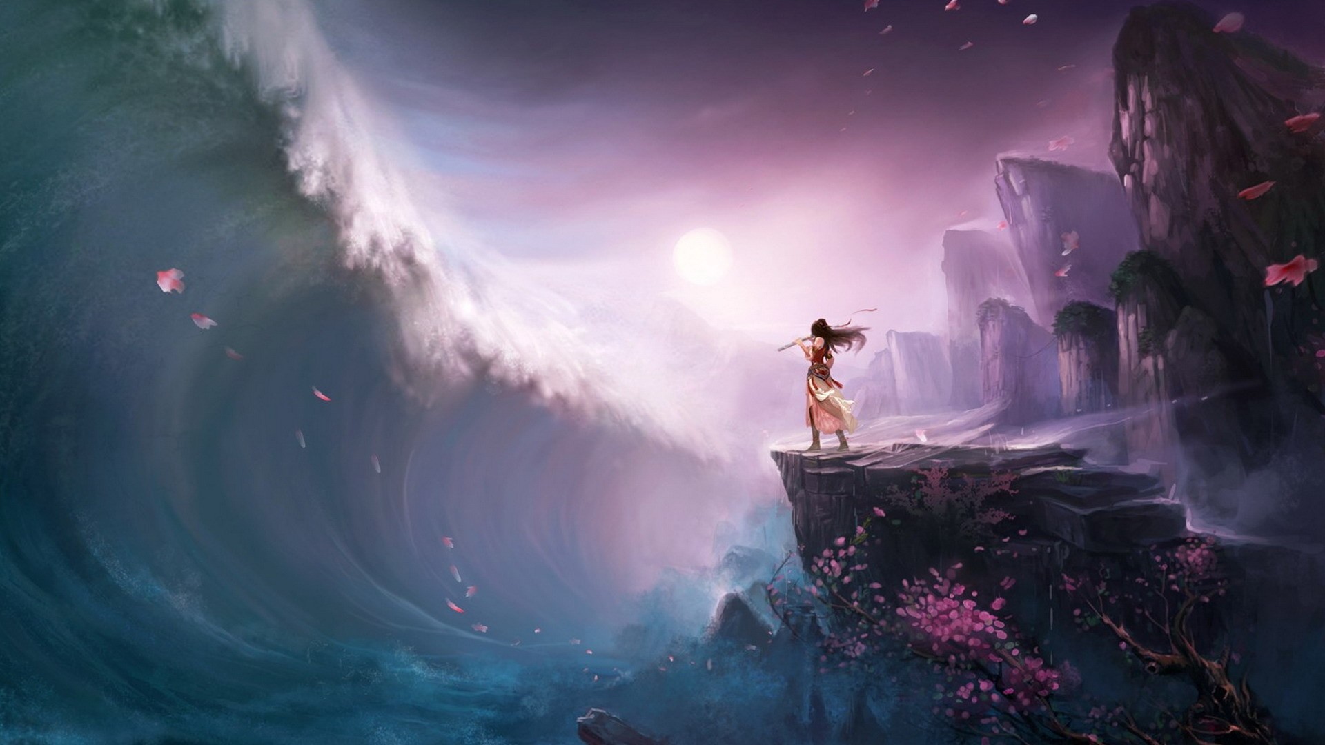 Onda gigante, Scogliera, Ragazza, Arte fantasy, Full HD, sfondo desktop