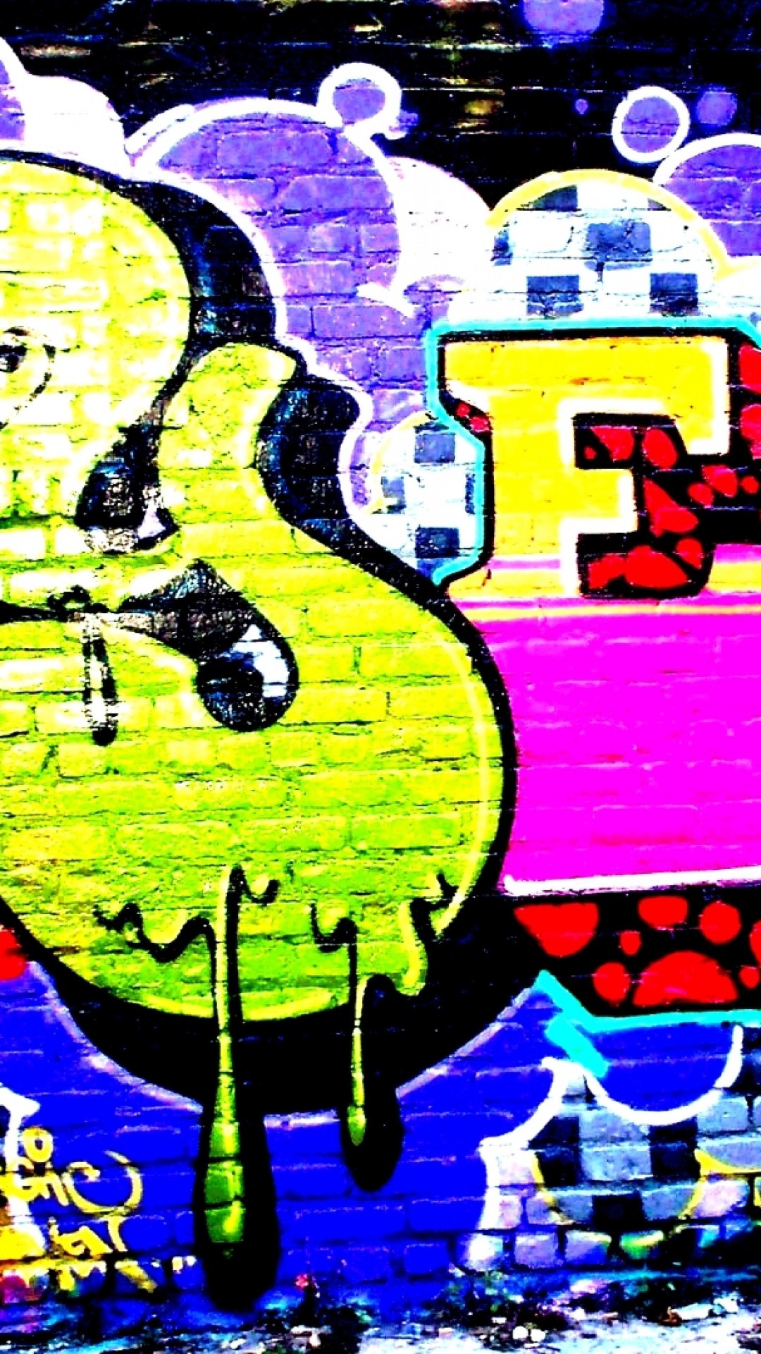 Graffiti, Lettering, Muro di mattoni, Multicolore, Full HD, sfondo verticale per cellulare
