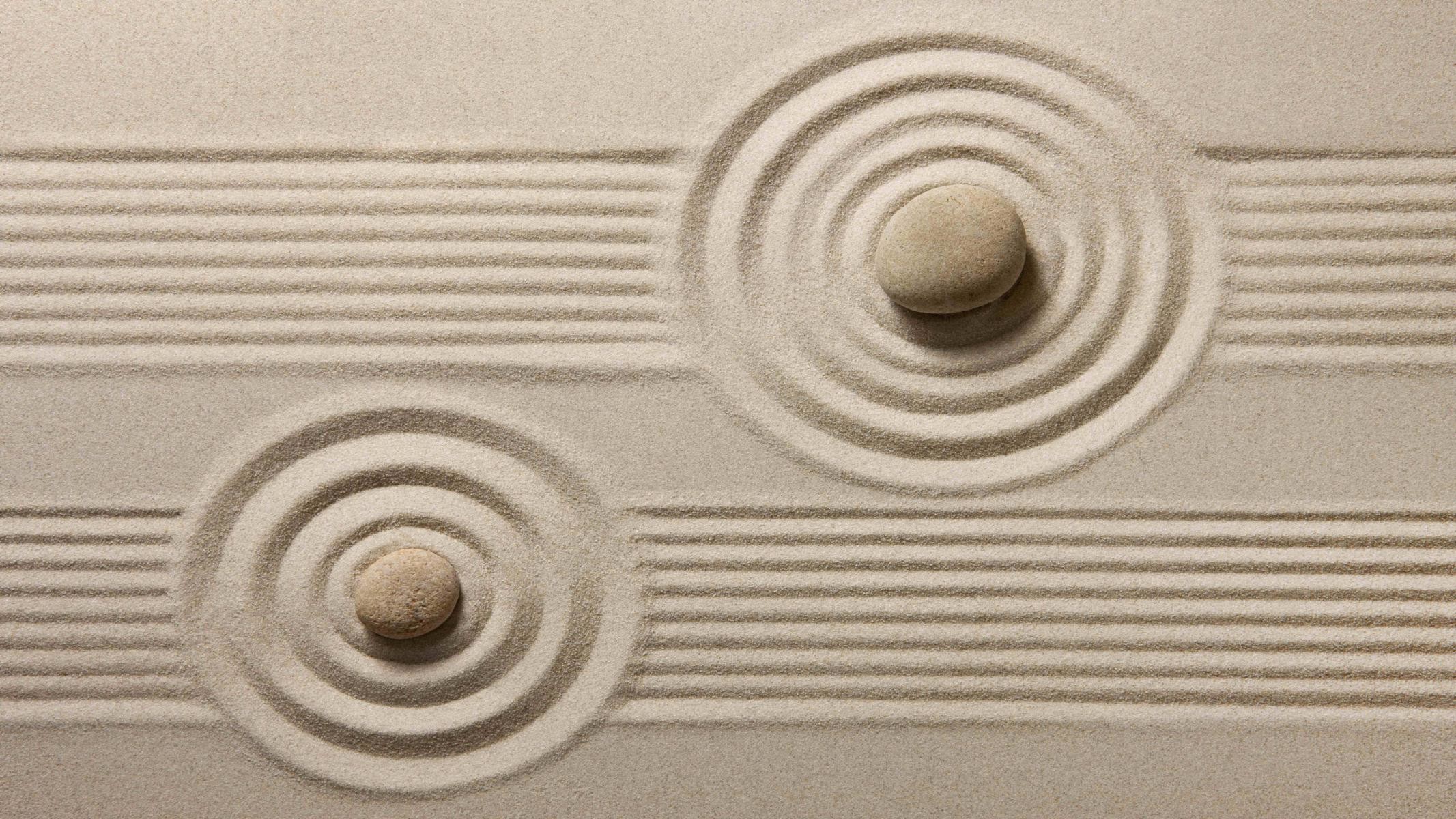 Giardino zen, Sabbia rastrellata, Pietre, Cerchi concentrici, Minimalismo, sfondo desktop Full HD