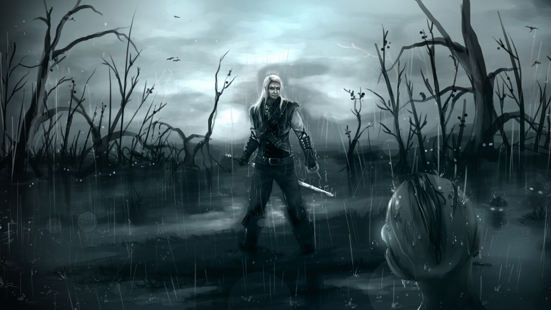Geralt di Rivia, Palude, Alberi morti, Pioggia, 16:9 Full HD, sfondo widescreen