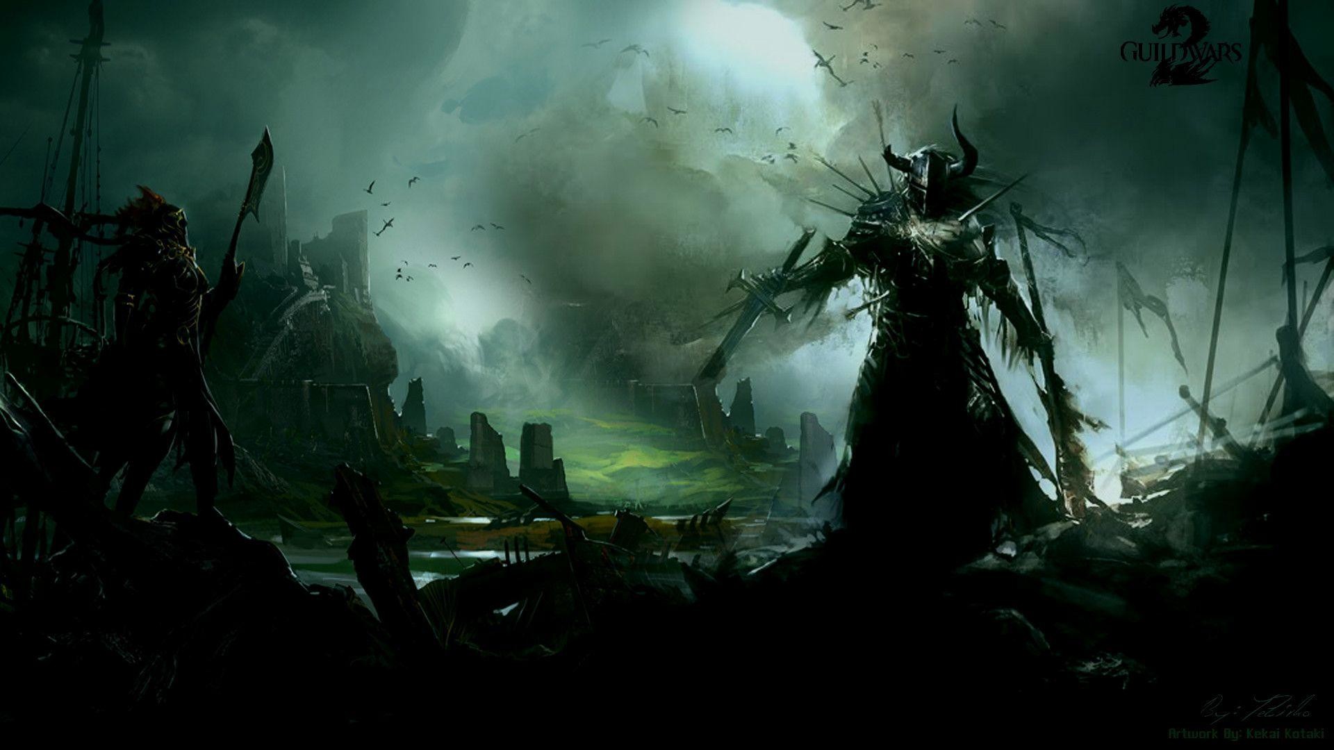 Guild Wars 2, Arte fantasy, Rovine, Nebbia verde, Full HD, sfondo per PC e portatile