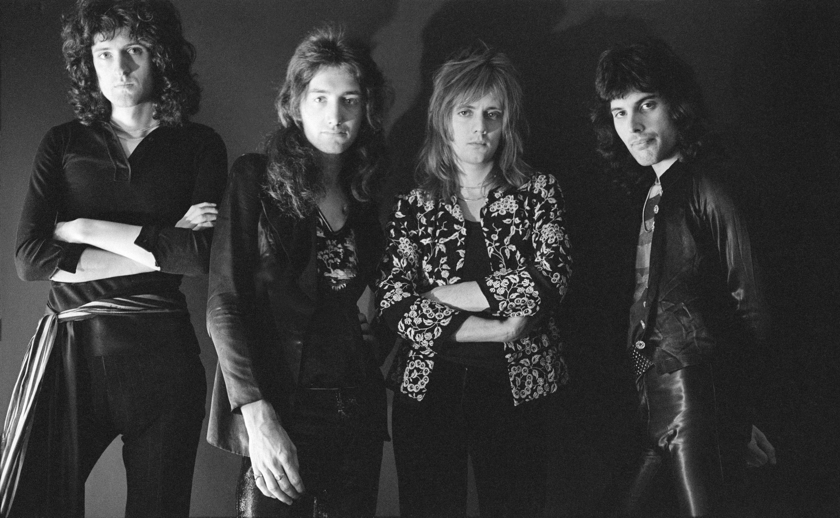 Queen, Freddie Mercury, Brian May, Roger Taylor, John Deacon, Bianco e nero, immagine di sfondo