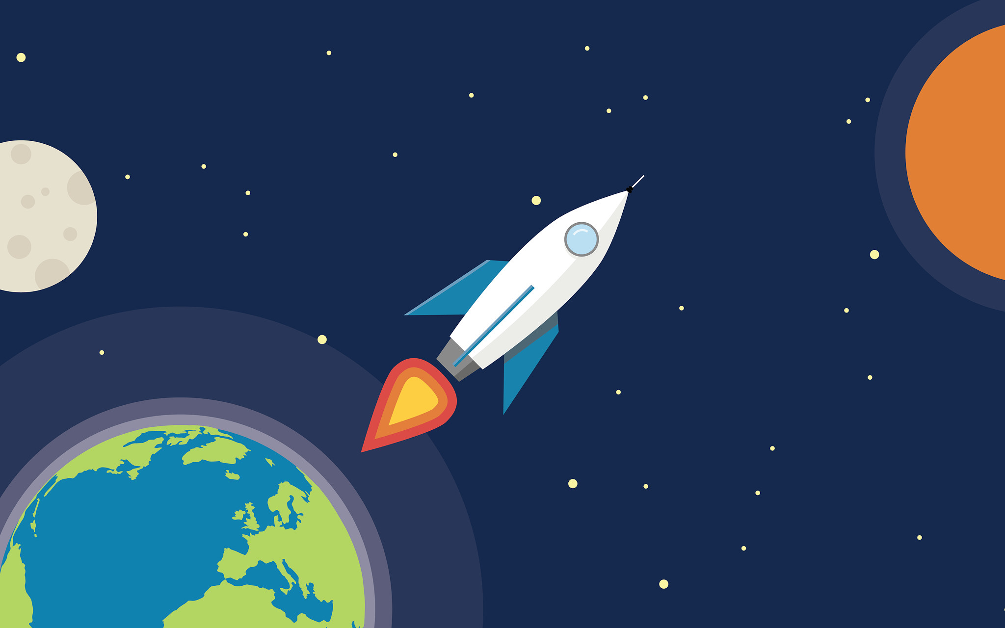 Razzo, Terra, Spazio, Pianeti, Flat design, Full HD, sfondo Windows 11