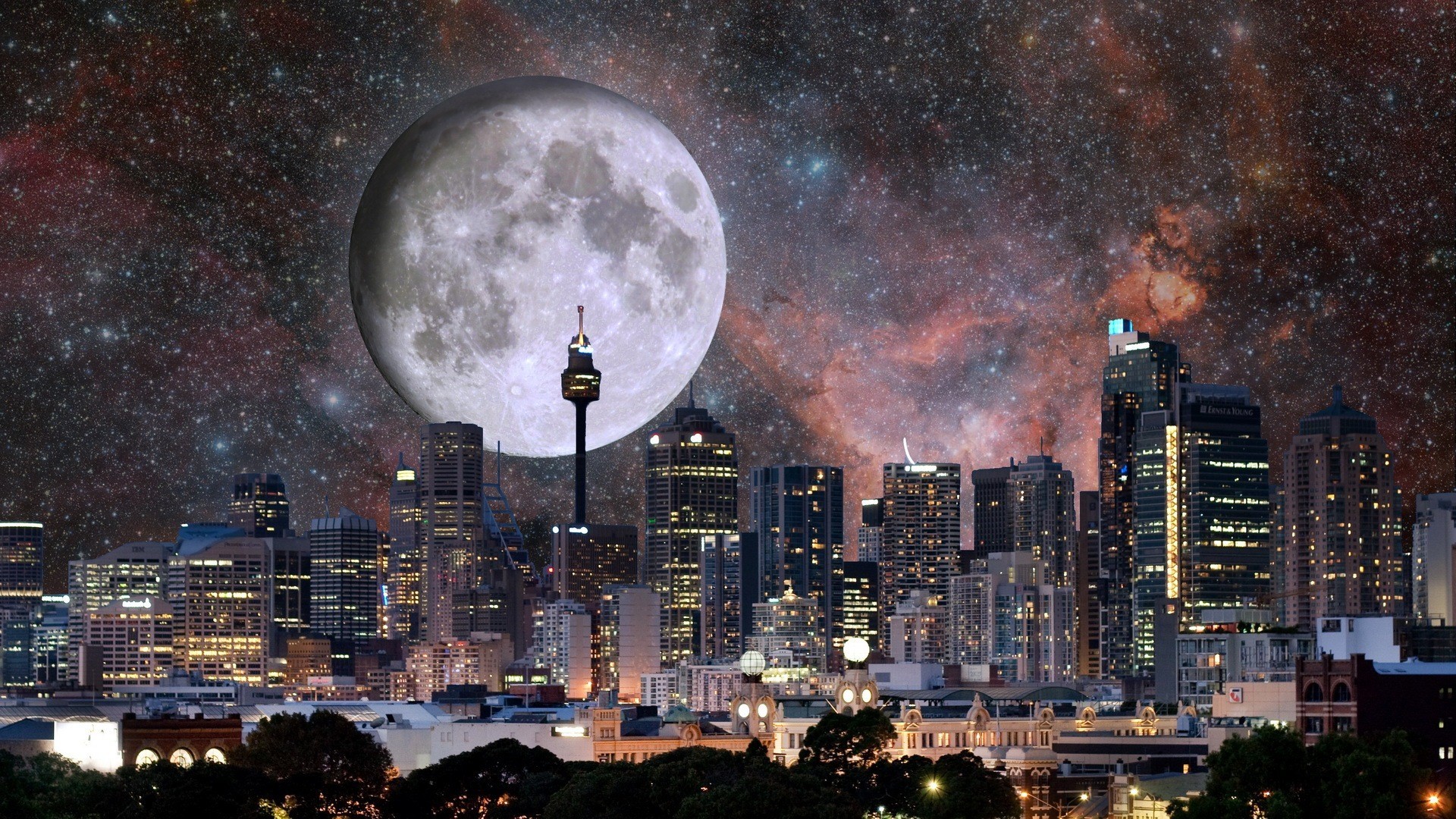 Luna, Sydney, Sydney Tower, Skyline, Notte, Fotomontaggio, 1920x1080, immagine di sfondo