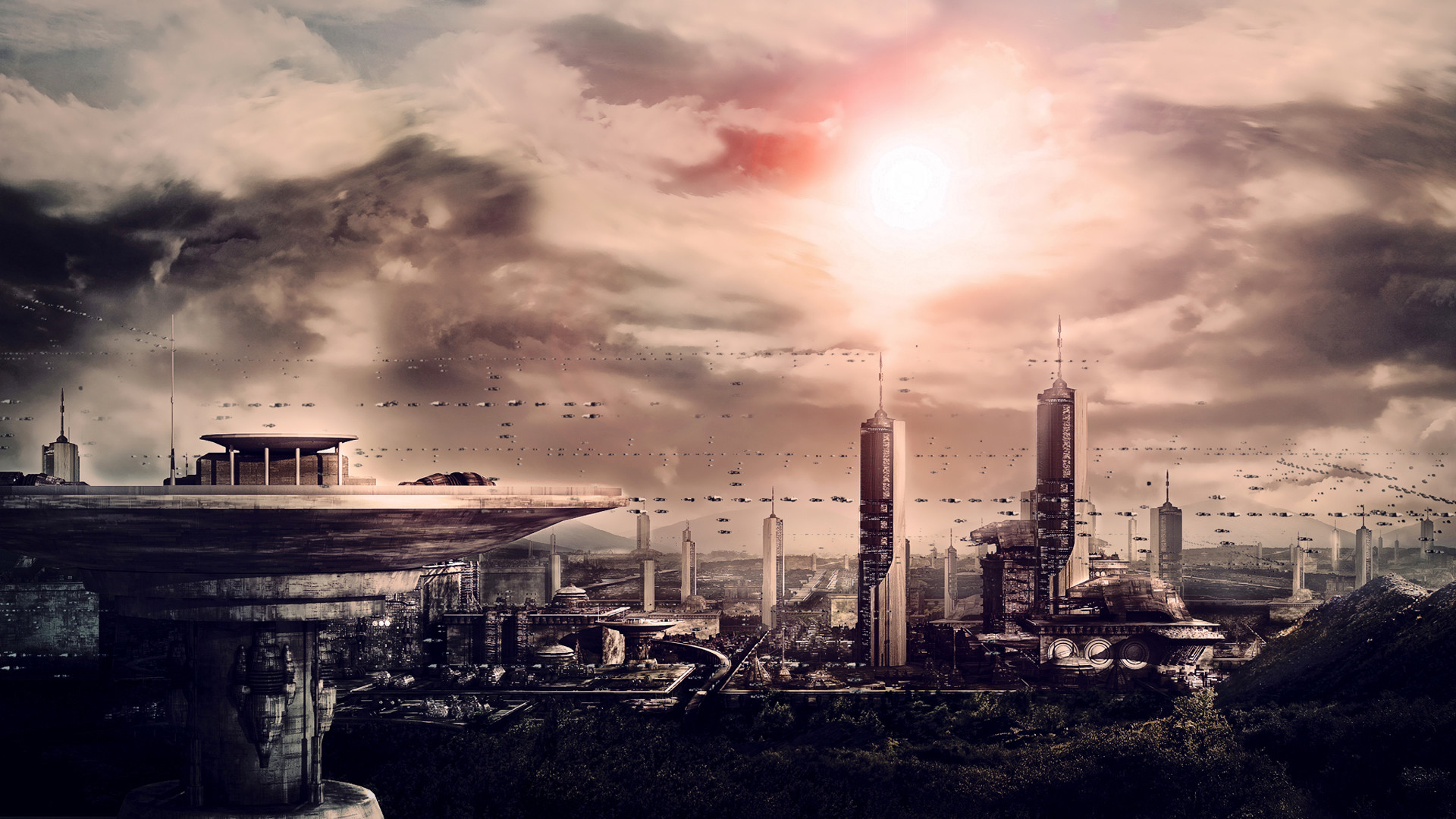 Città futuristica, Grattacieli, Nuvole, Fantascienza, Distopia, 1920x1080, sfondo per PC