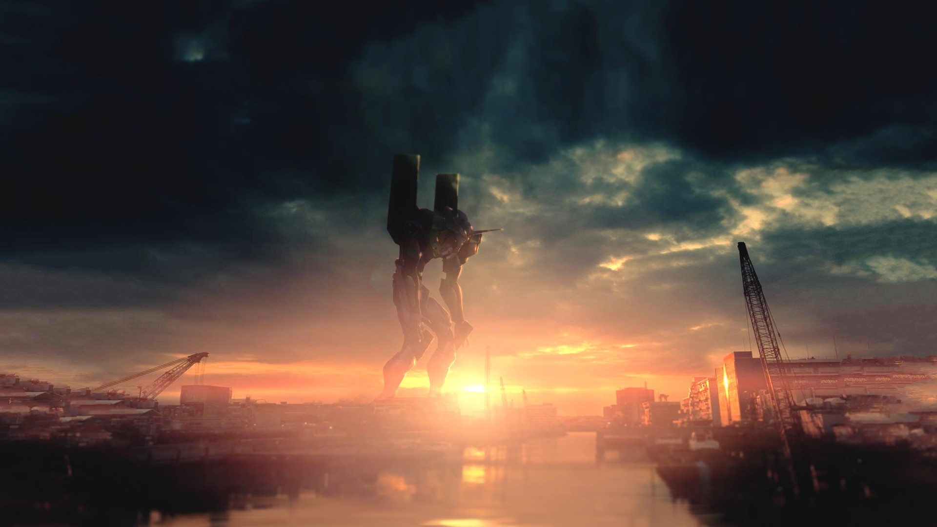 Eva-01, Evangelion, Tramonto, Silhouette, Città, Full HD, sfondo per PC e portatile