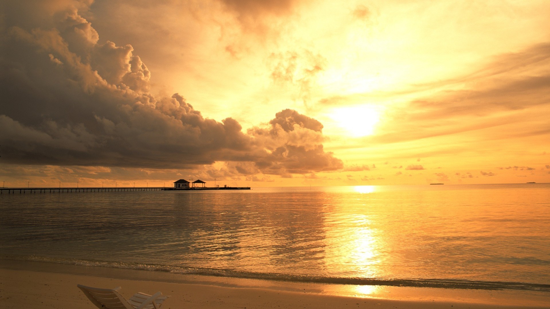 Tramonto, Mare, Pontile, Nuvole, Cielo dorato, Full HD 1080p, sfondo desktop