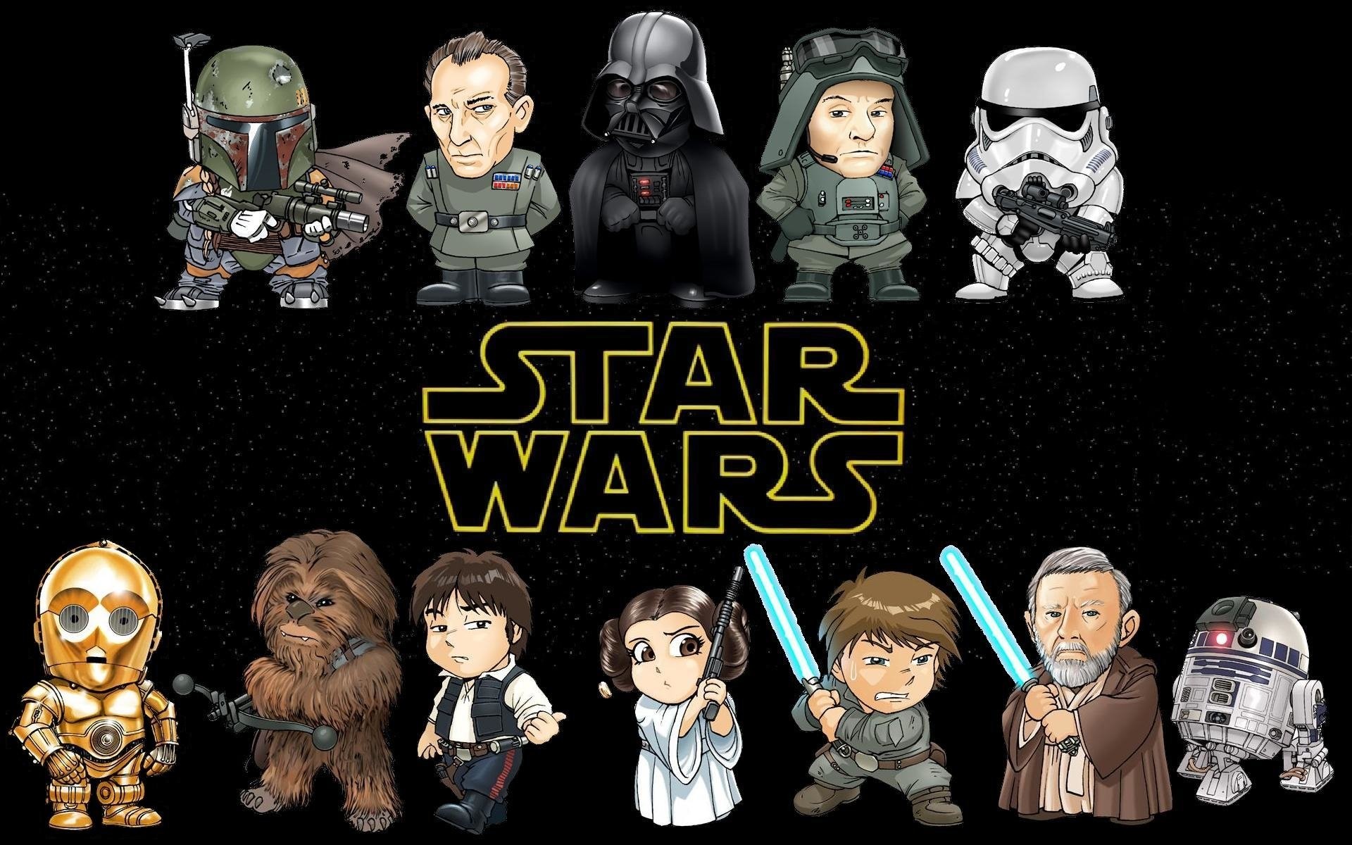 Personaggi di Star Wars, Darth Vader, Boba Fett, Chewbacca, C-3PO, R2-D2, Chibi, sfondo per PC
