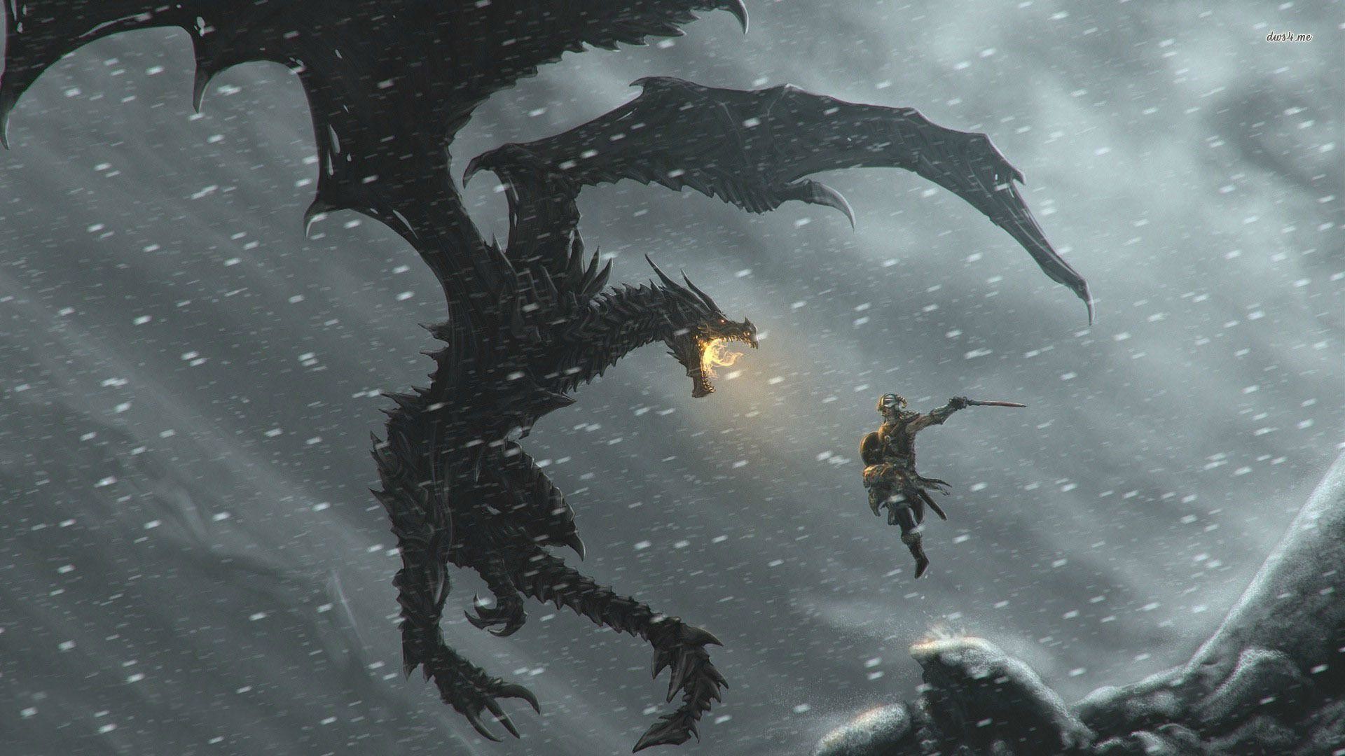 The Elder Scrolls V: Skyrim, Alduin, Drago, Tormenta di neve, 16:9 Full HD, sfondo widescreen