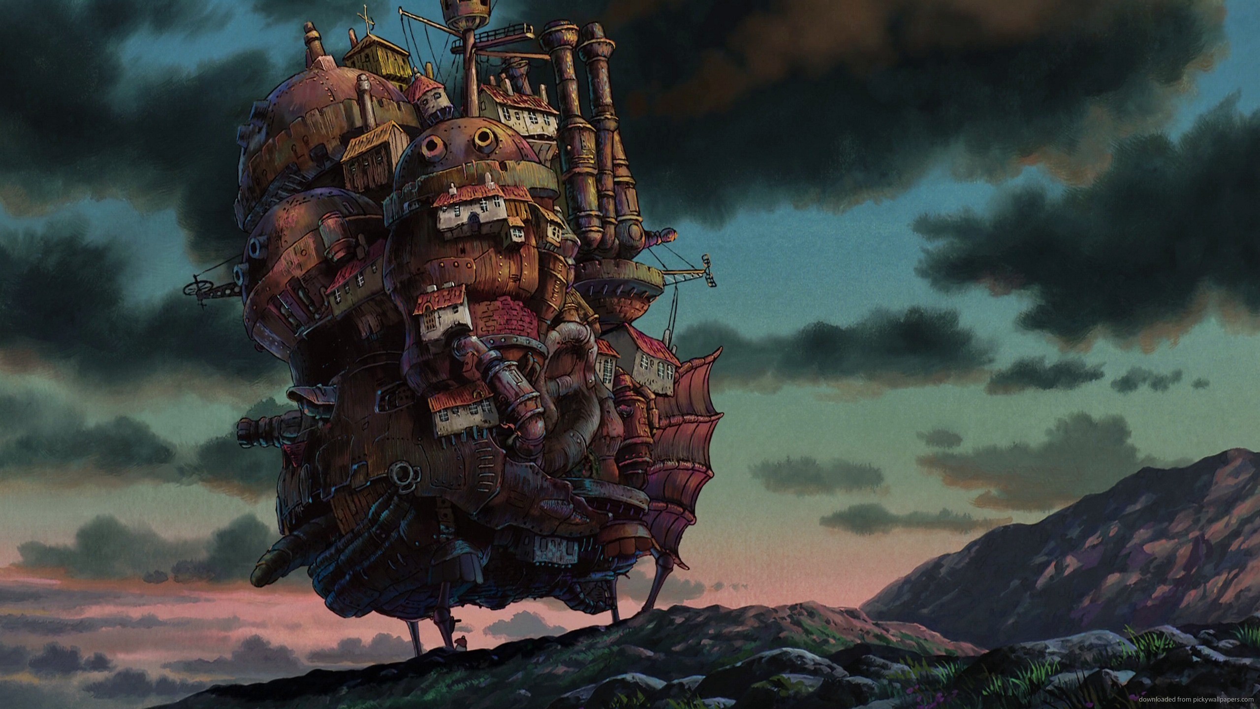 Il castello errante di Howl, Studio Ghibli, Castello, Tramonto, 2K, wallpaper desktop