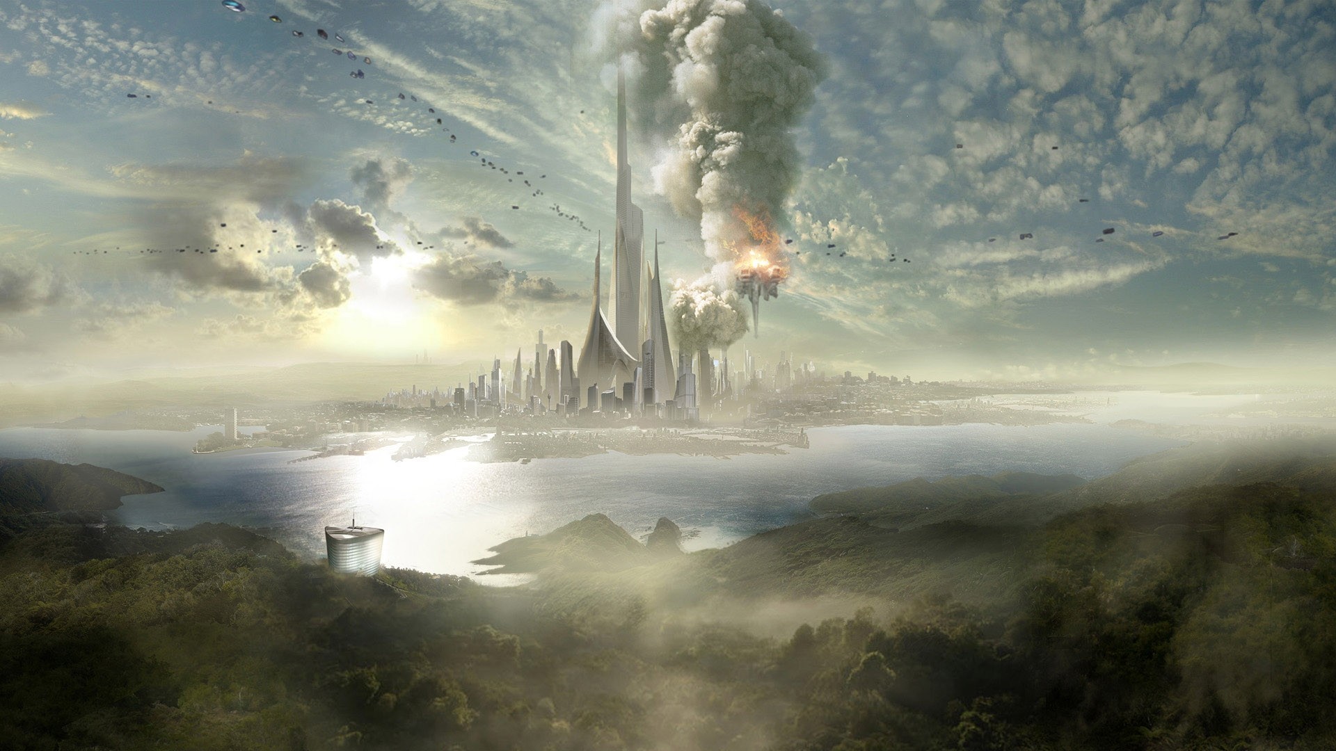 Torre, Città fantastica, Vulcano, Nuvole, Full HD, sfondo per portatile