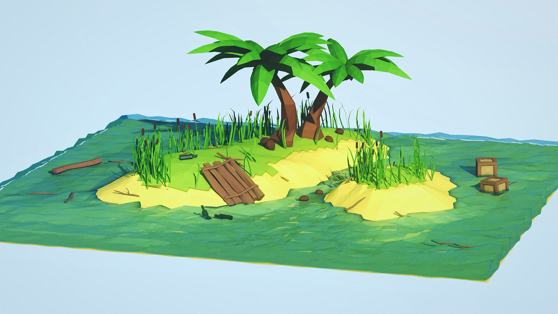 Low poly, Isola deserta, Palme, 3D, Full HD, sfondo Windows 11