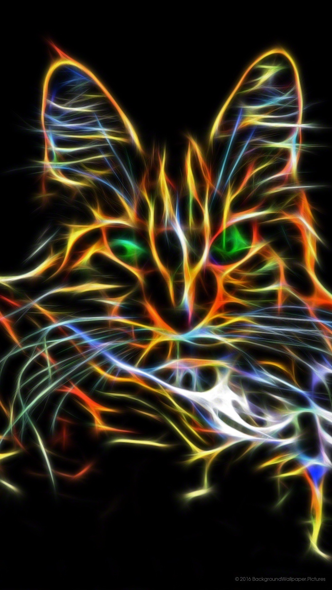 Gatto, Linee luminose, Arte digitale, Sfondo nero, 1080x1920, schermata di blocco iPhone