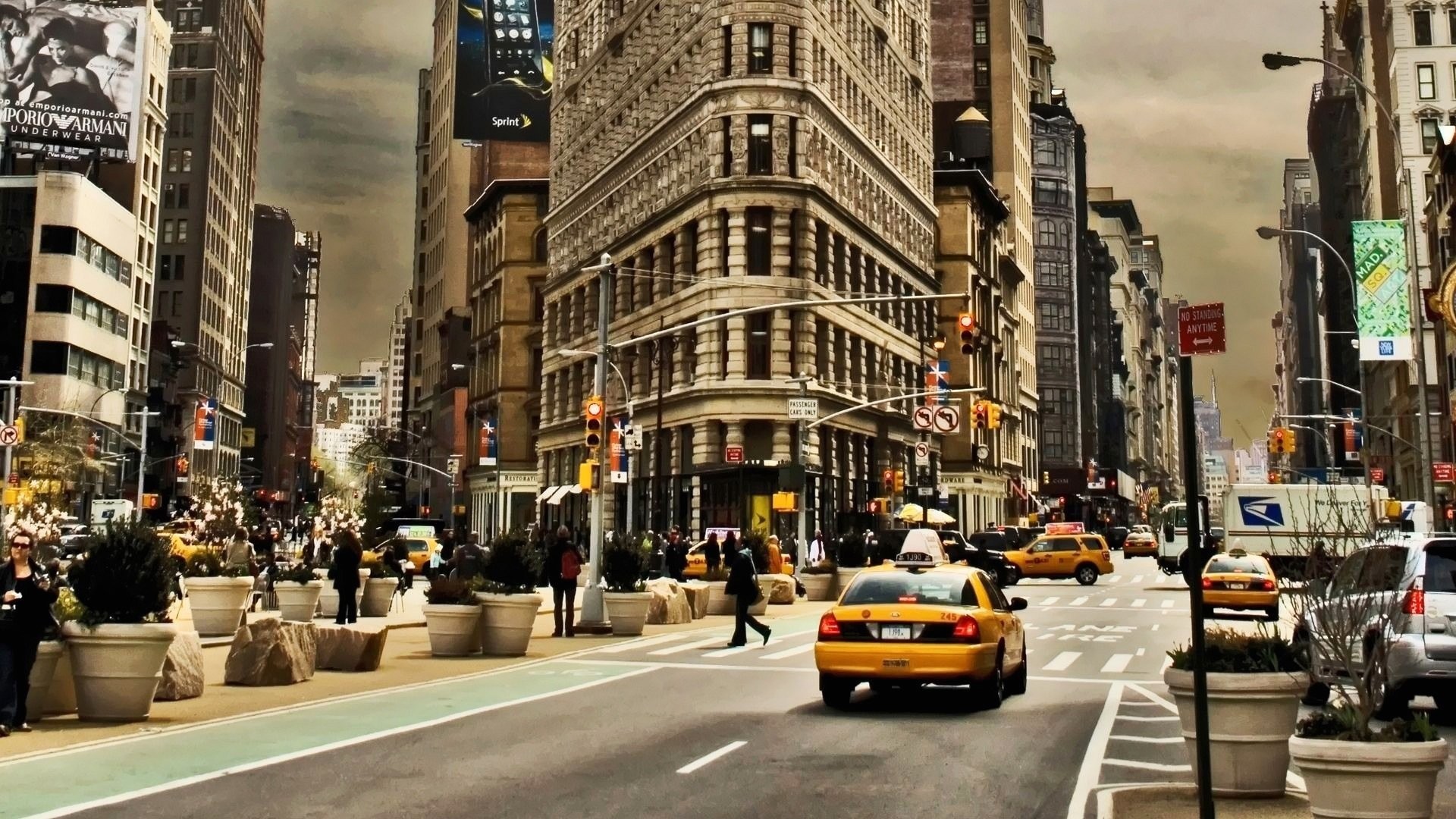 Flatiron Building, New York, Taxi giallo, Strada, Full HD 1080p, sfondo desktop