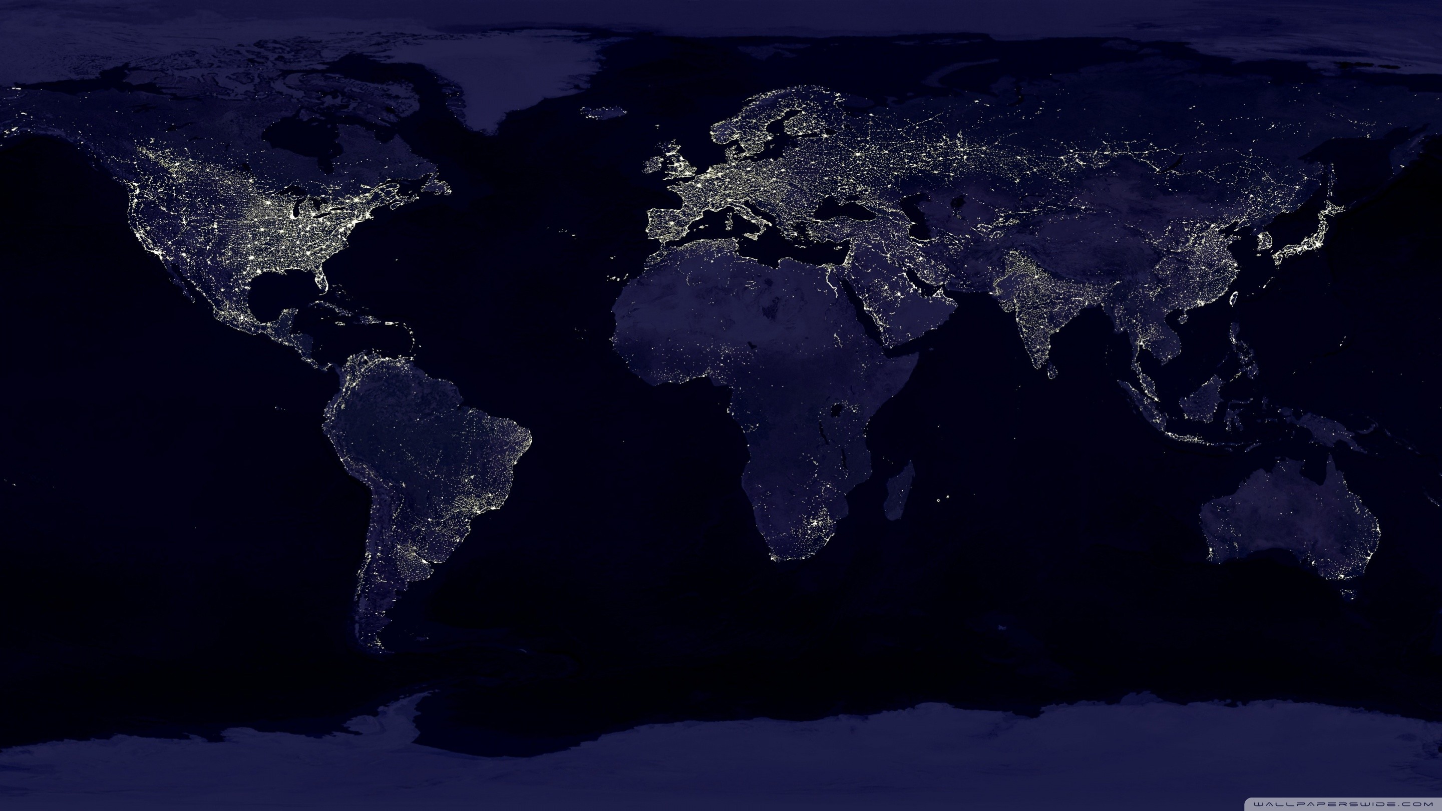 Terra di notte, Luci delle città, Mappa del mondo, 2K, sfondo desktop