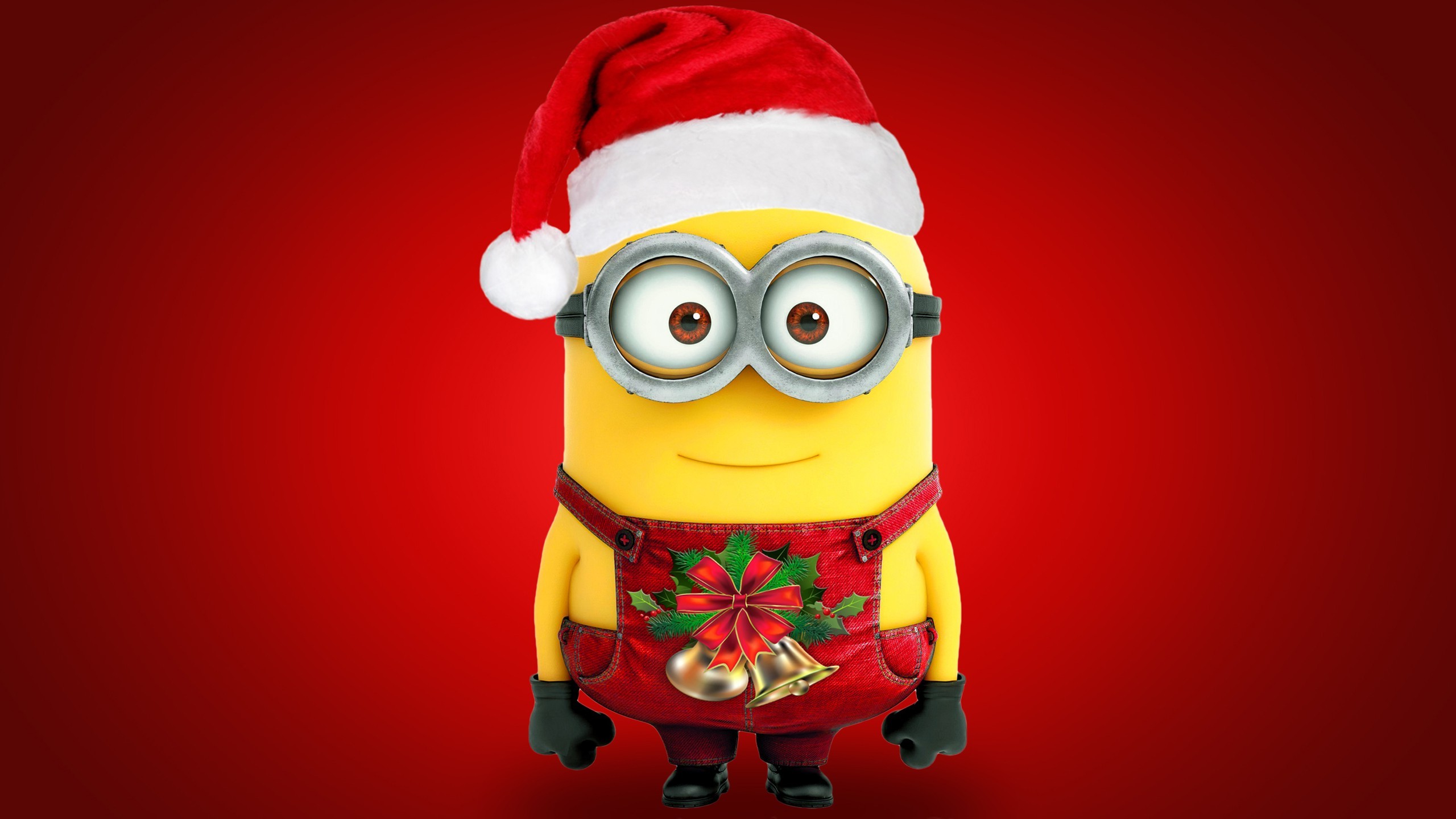 Minions, Natale, Cappello di Babbo Natale, Sfondo rosso, 2K, wallpaper per computer