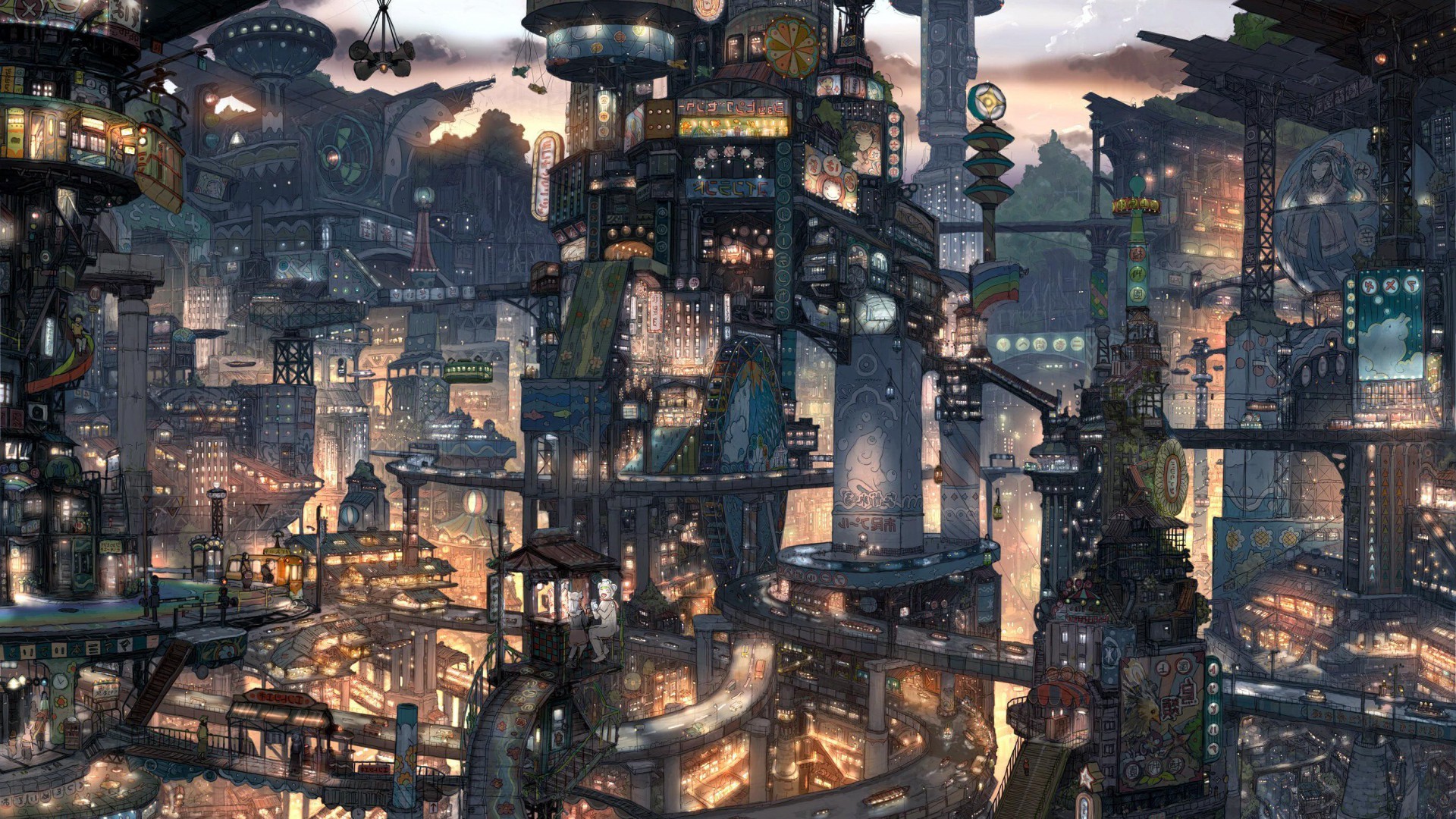 Città steampunk, Notte, Luci, Arte digitale, Fantascienza, 16:9 Full HD, sfondo widescreen