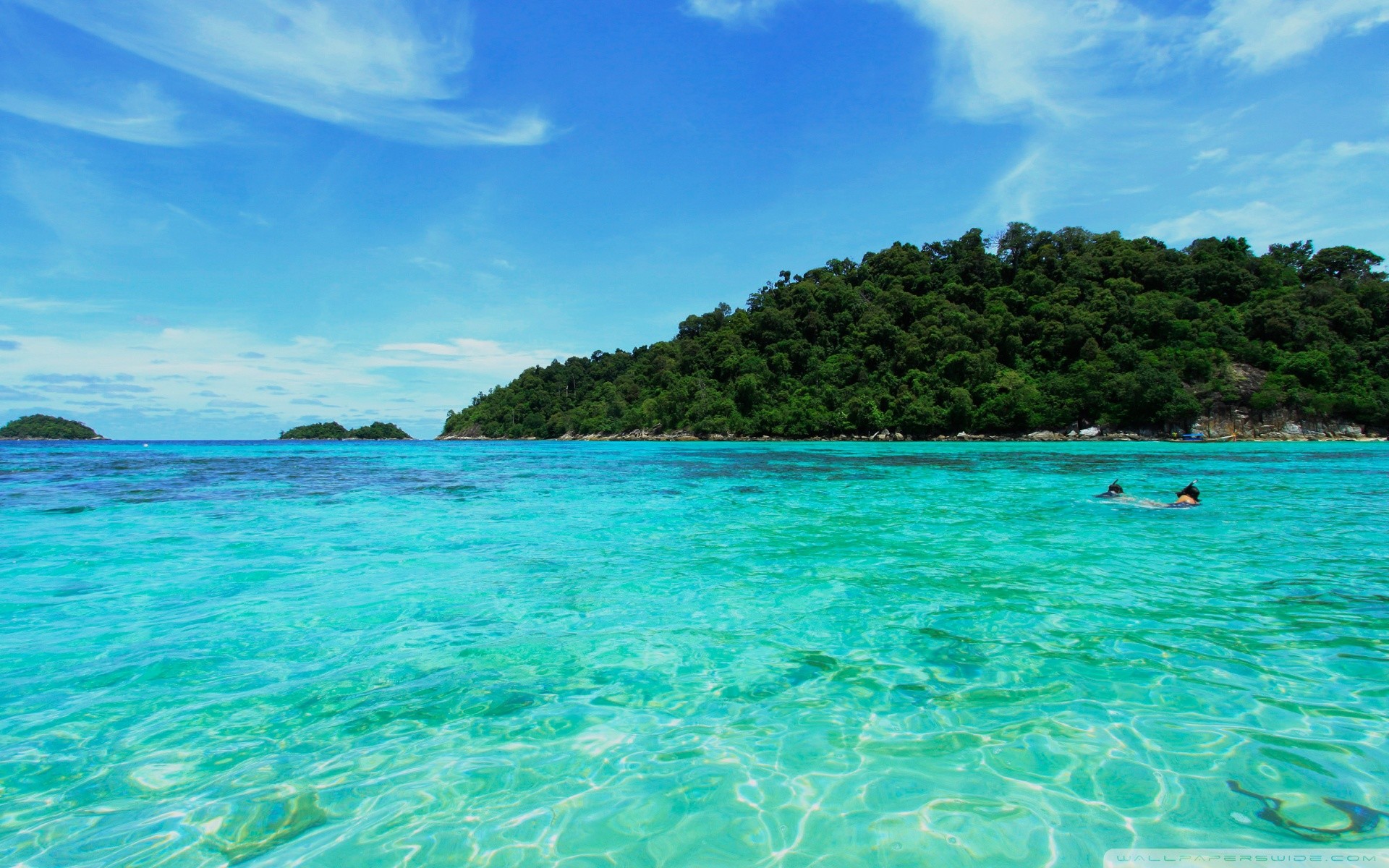 Mare, Isola, Acqua turchese, Nuotatori, Full HD, sfondo per PC