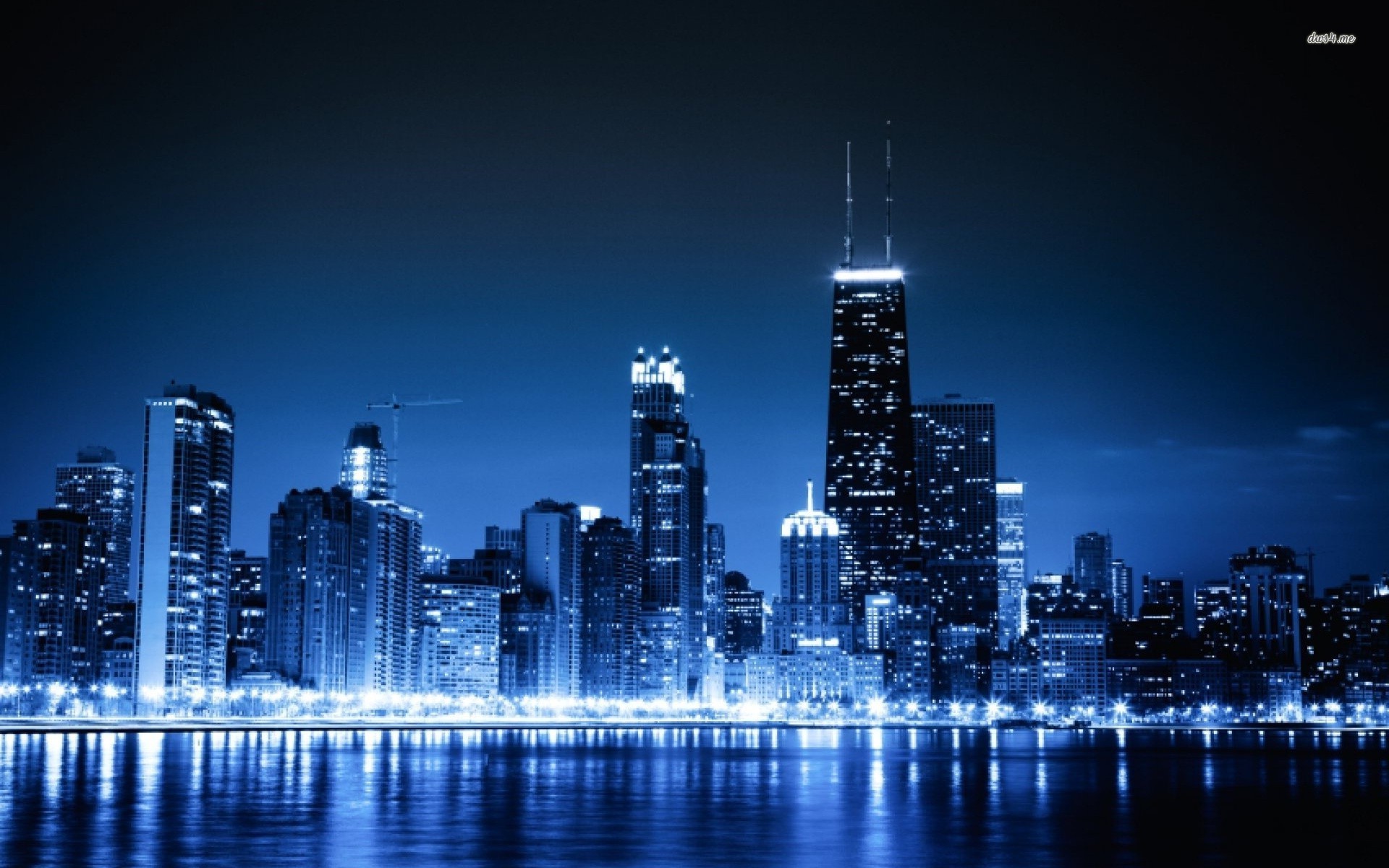 Chicago, Skyline, Notte, Riflessi, Blu, 1920x1200, sfondo per PC
