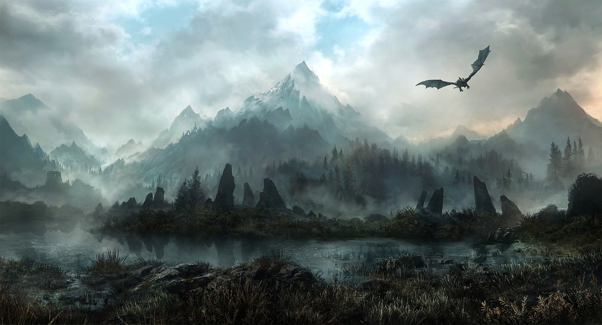 The Elder Scrolls V: Skyrim, Drago, Montagne, Lago, Nebbia, Full HD, sfondo per portatile