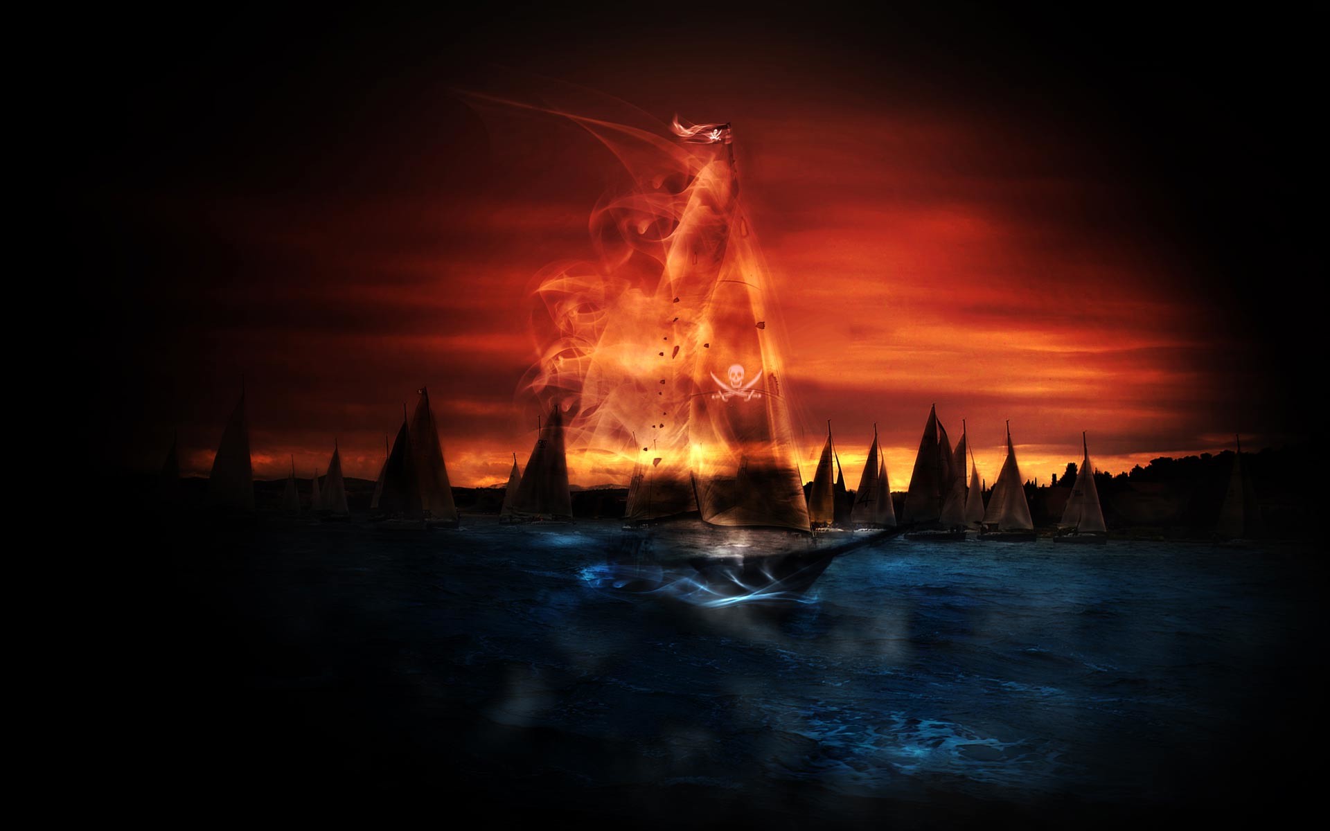 Nave pirata, Fuoco, Tramonto rosso, Mare, 1920x1200, sfondo MacBook Pro