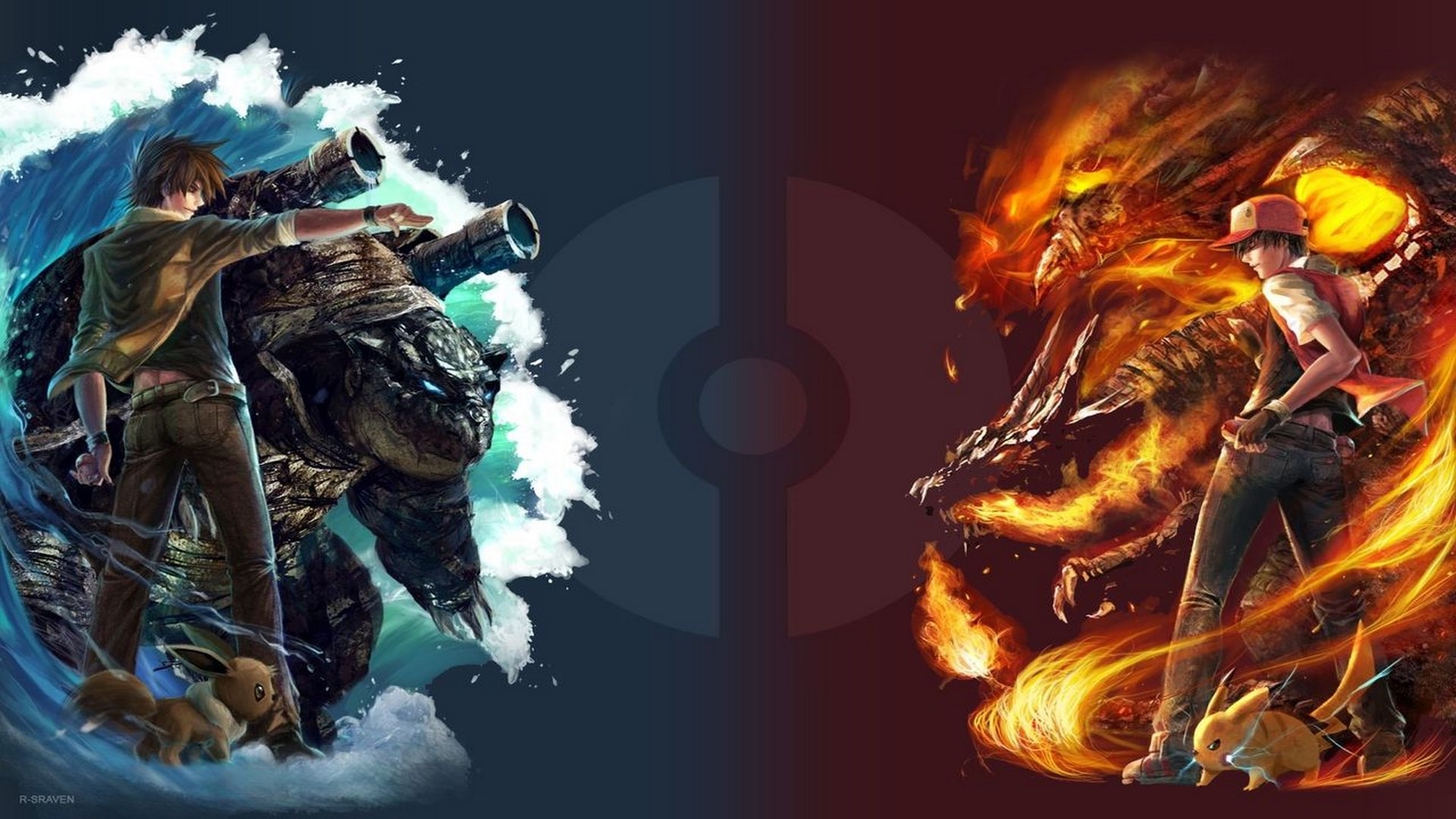 Pokémon, Allenatori Pokémon, Blastoise, Charizard, Acqua e fuoco, sfondo 16:9 Full HD