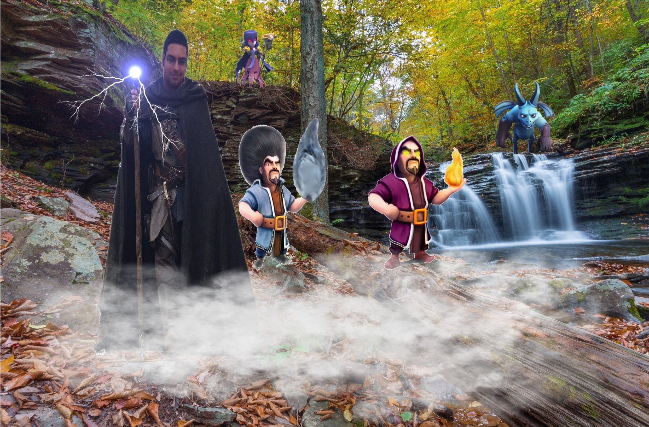 Stregone, Clash of Clans, Fotomontaggio, Cascata, Foresta, Autunno, wallpaper desktop Full HD