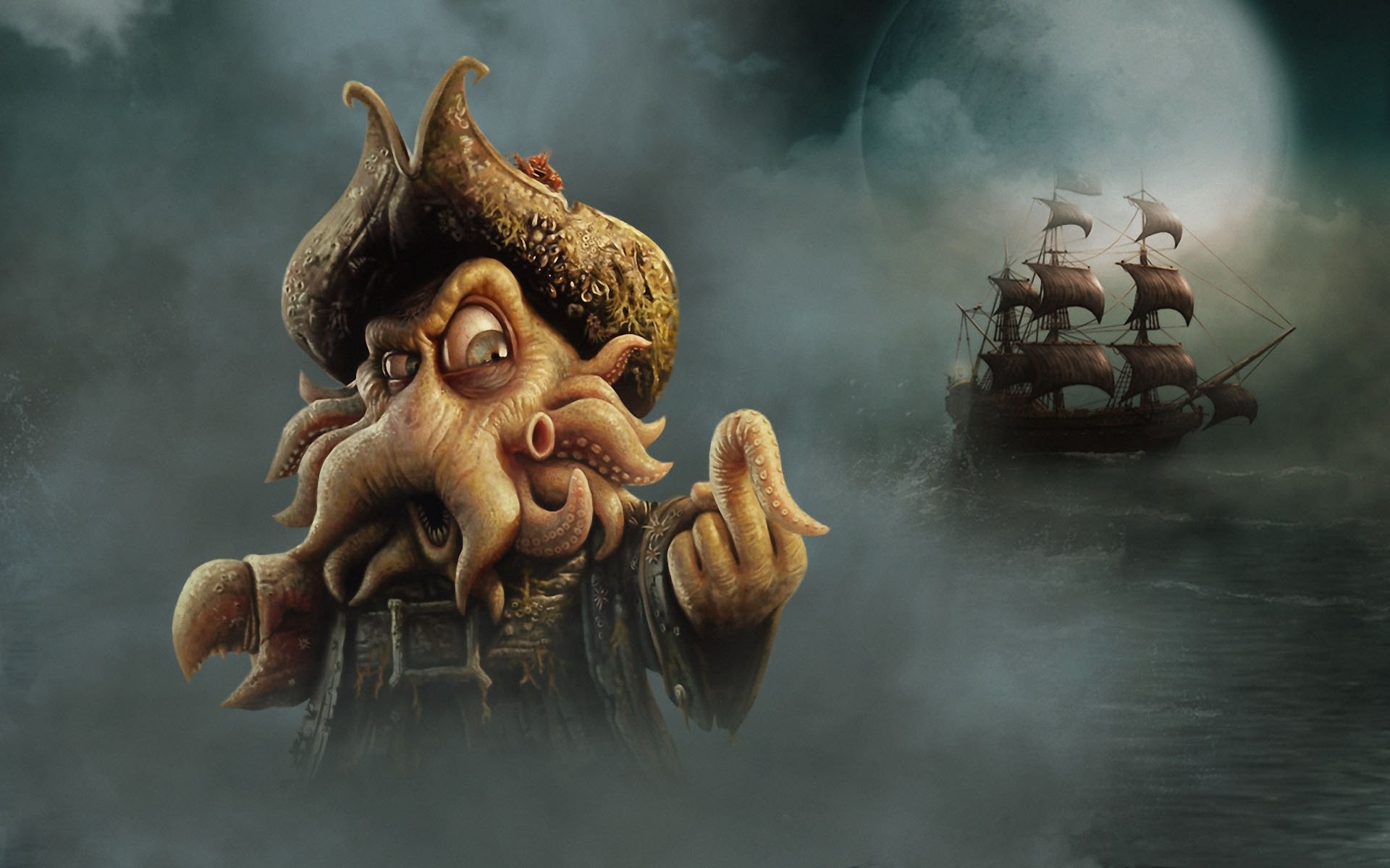 Davy Jones, Pirati dei Caraibi, Nave pirata, Caricatura, 16:10 Full HD, sfondo widescreen