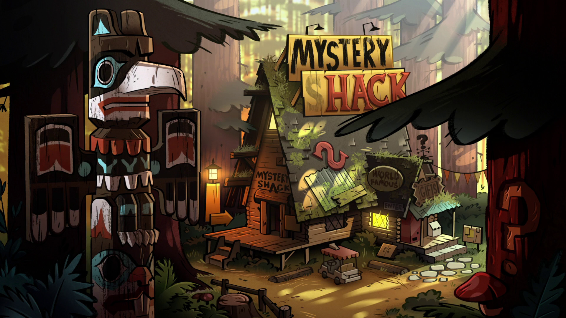 Mystery Shack, Gravity Falls, Totem, Foresta, Sera, Full HD 1080p, sfondo desktop