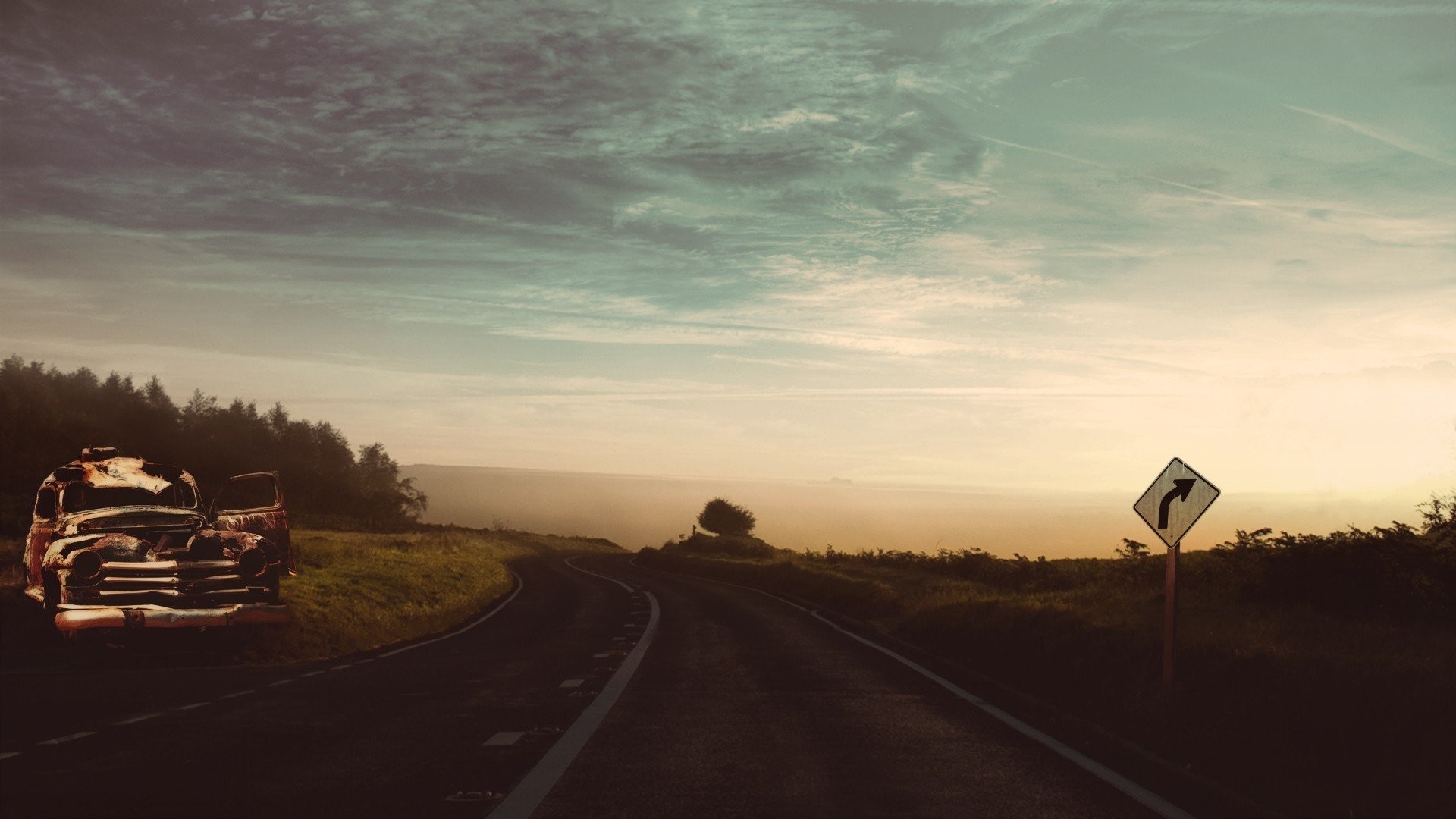Auto d'epoca, Strada, Tramonto, Cartello stradale, 1920x1080, sfondo per PC