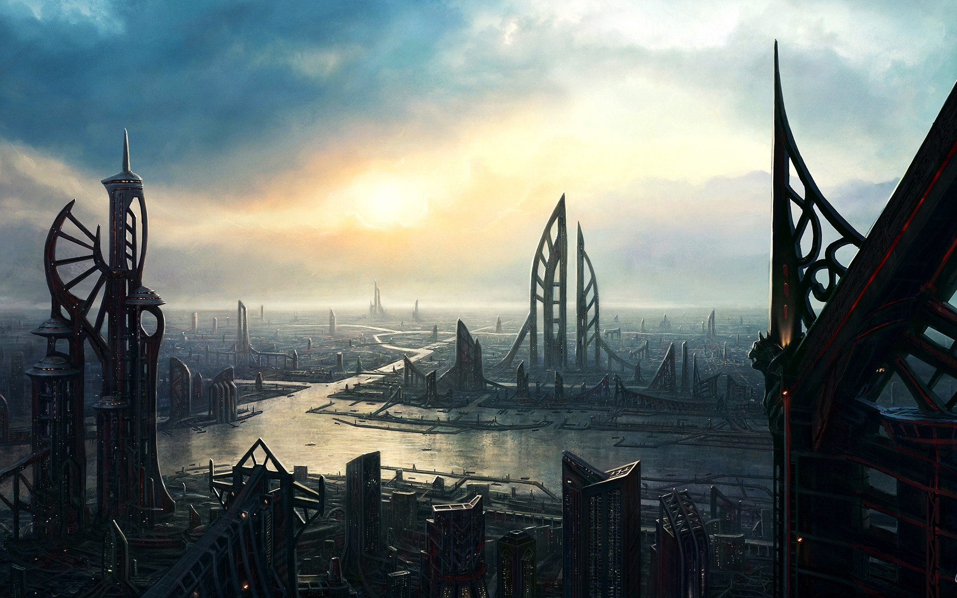 Città futuristica, Grattacieli, Fiume, Fantascienza, 1920x1200, sfondo per PC