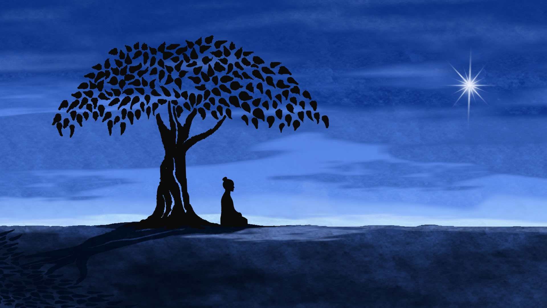 Buddha, Albero della Bodhi, Silhouette, Notte, Full HD, wallpaper per portatile