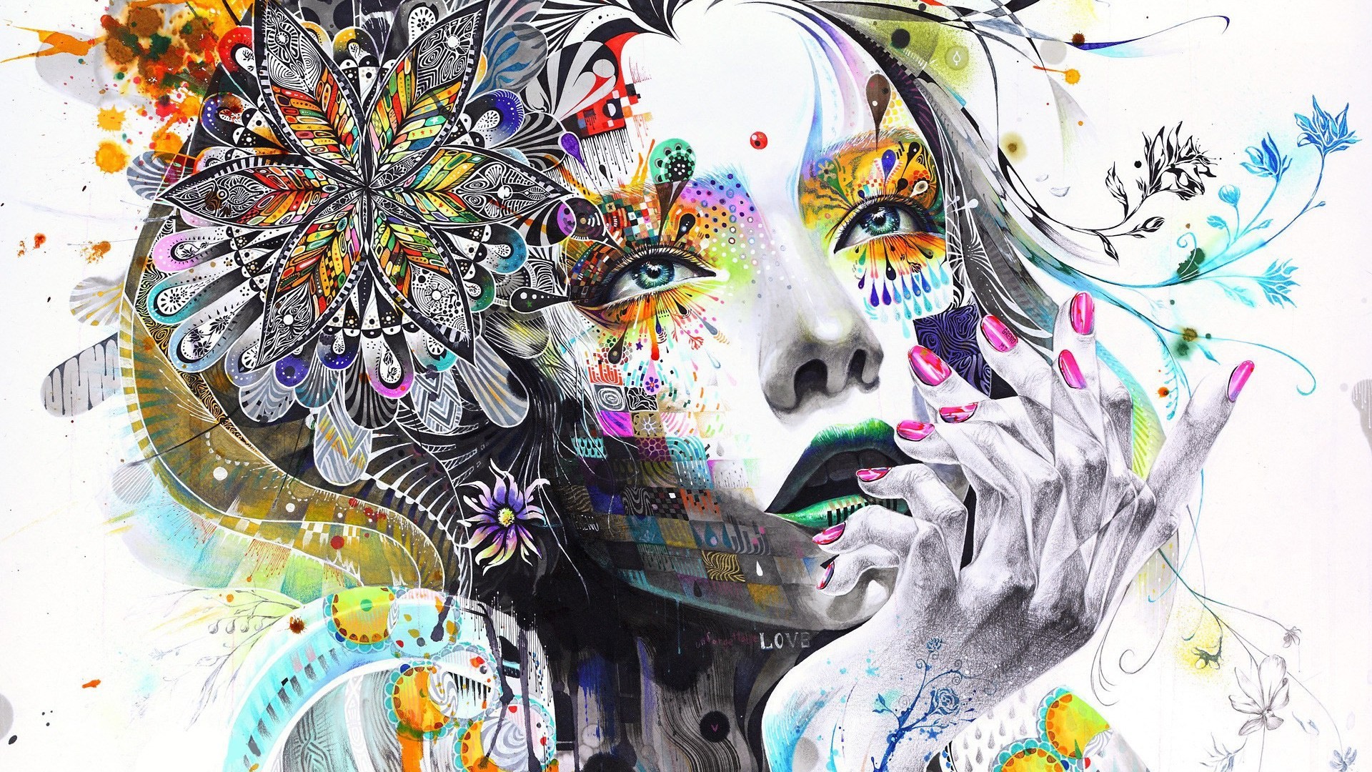 Volto di donna, Fiori, Arte digitale, Mandala, Colori vivaci, 1920x1080, wallpaper desktop