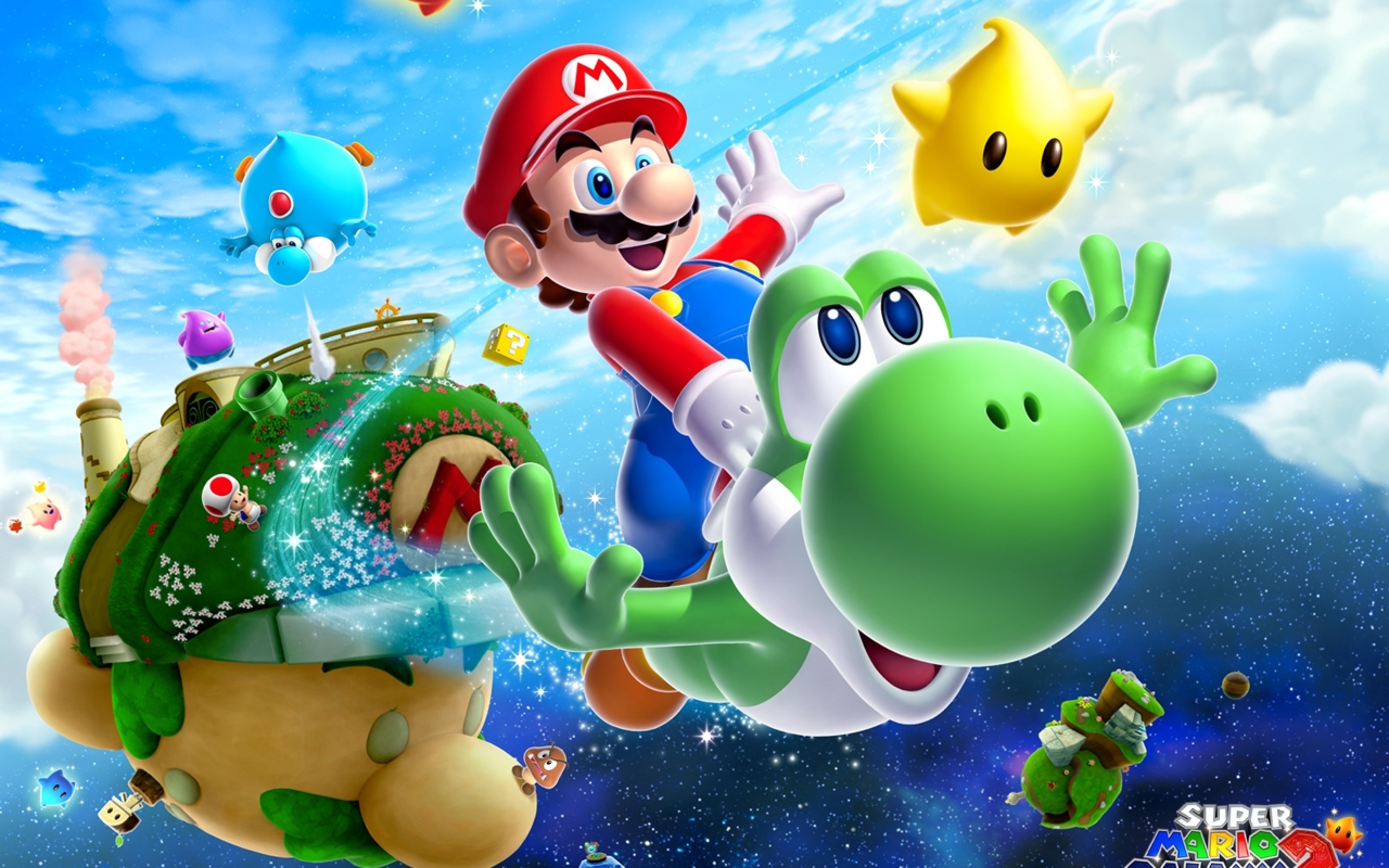 Super Mario Galaxy 2, Mario, Yoshi, Sfavillotto, Pianeta, Spazio, Nintendo, sfondo 2K per PC