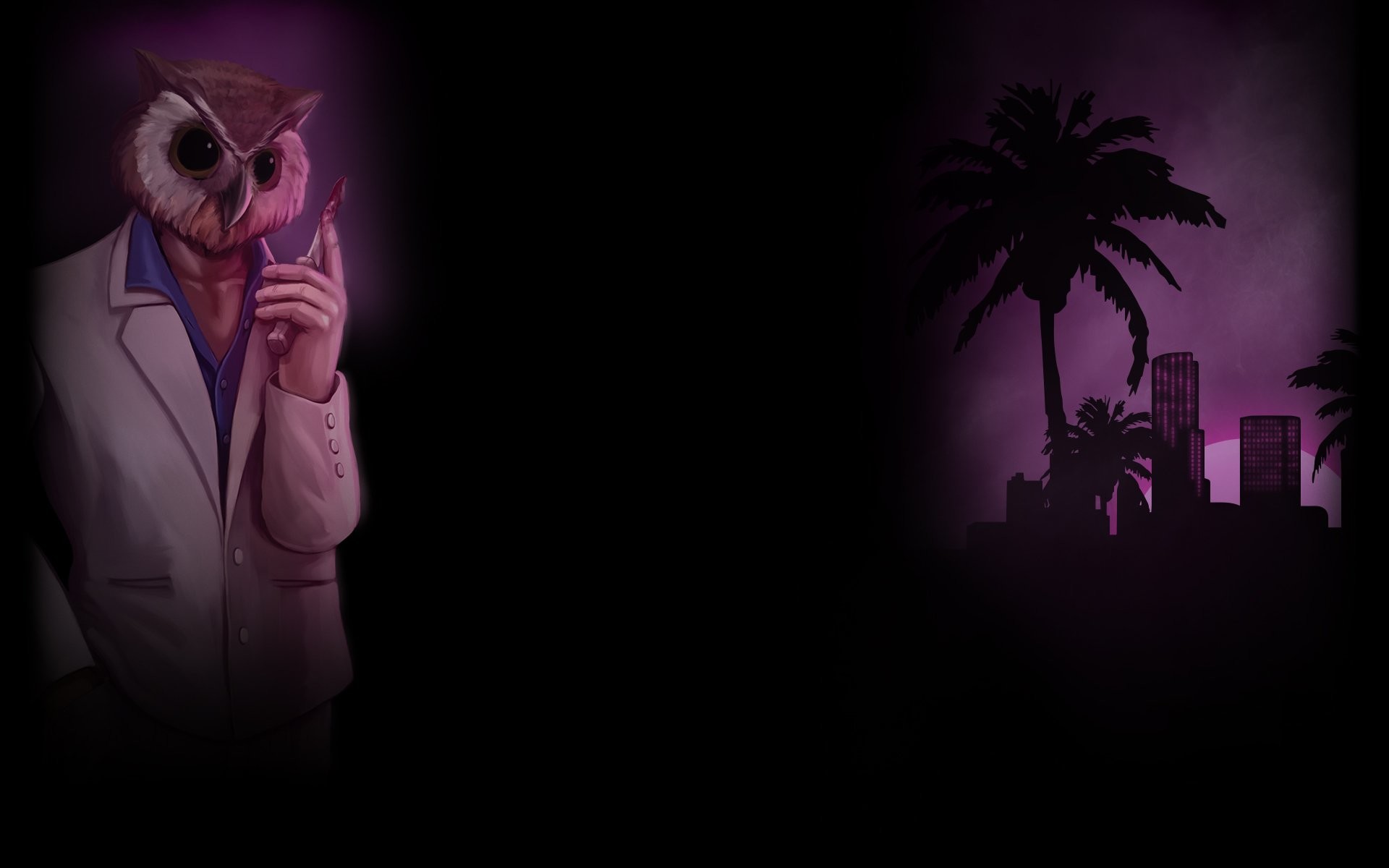 Hotline Miami, Maschera da gufo, Palme, Sfondo scuro, 16:10 Full HD, wallpaper widescreen