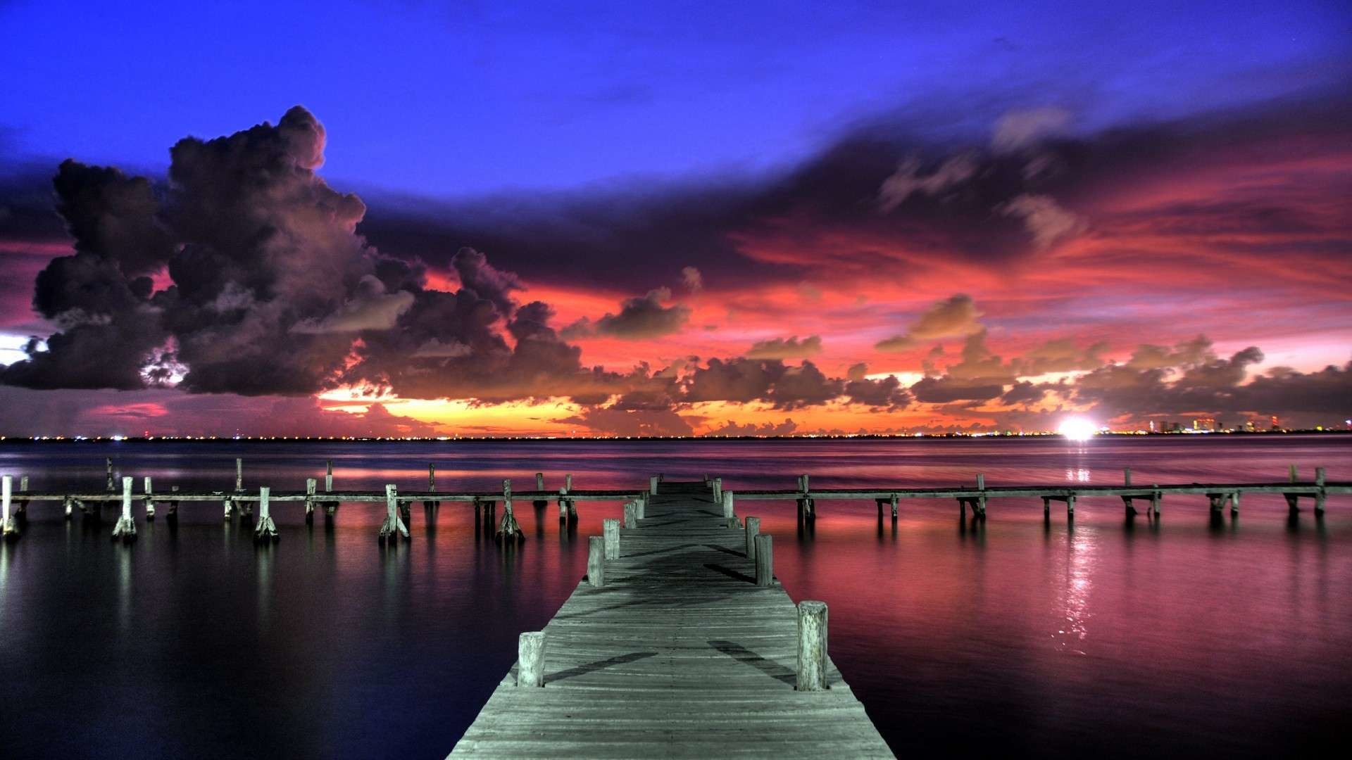 Pontile, Tramonto, Nuvole, Cielo rosso, 1920x1080, sfondo per PC