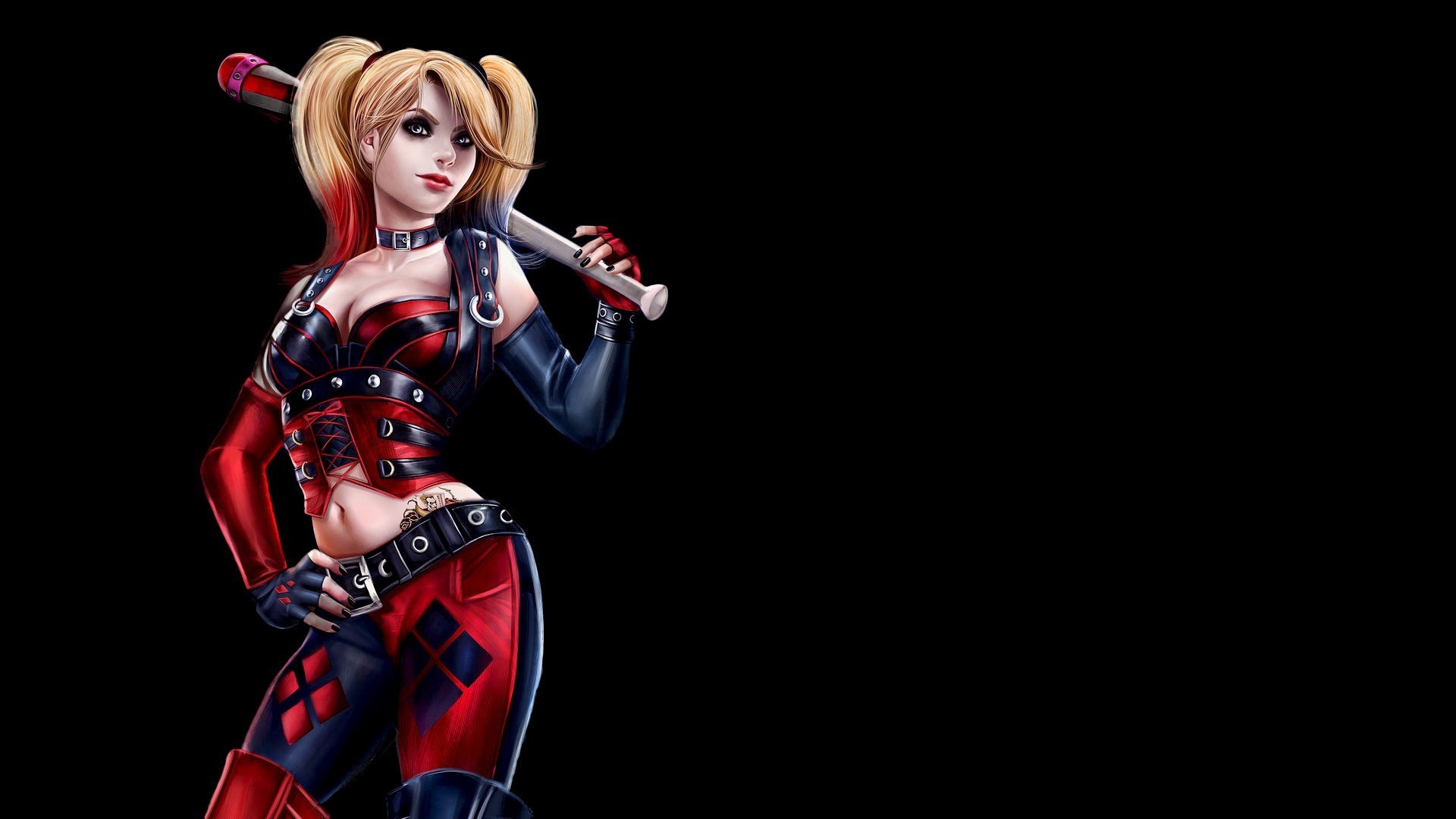 Harley Quinn, Batman: Arkham Knight, Mazza da baseball, Sfondo nero, wallpaper 1920x1080