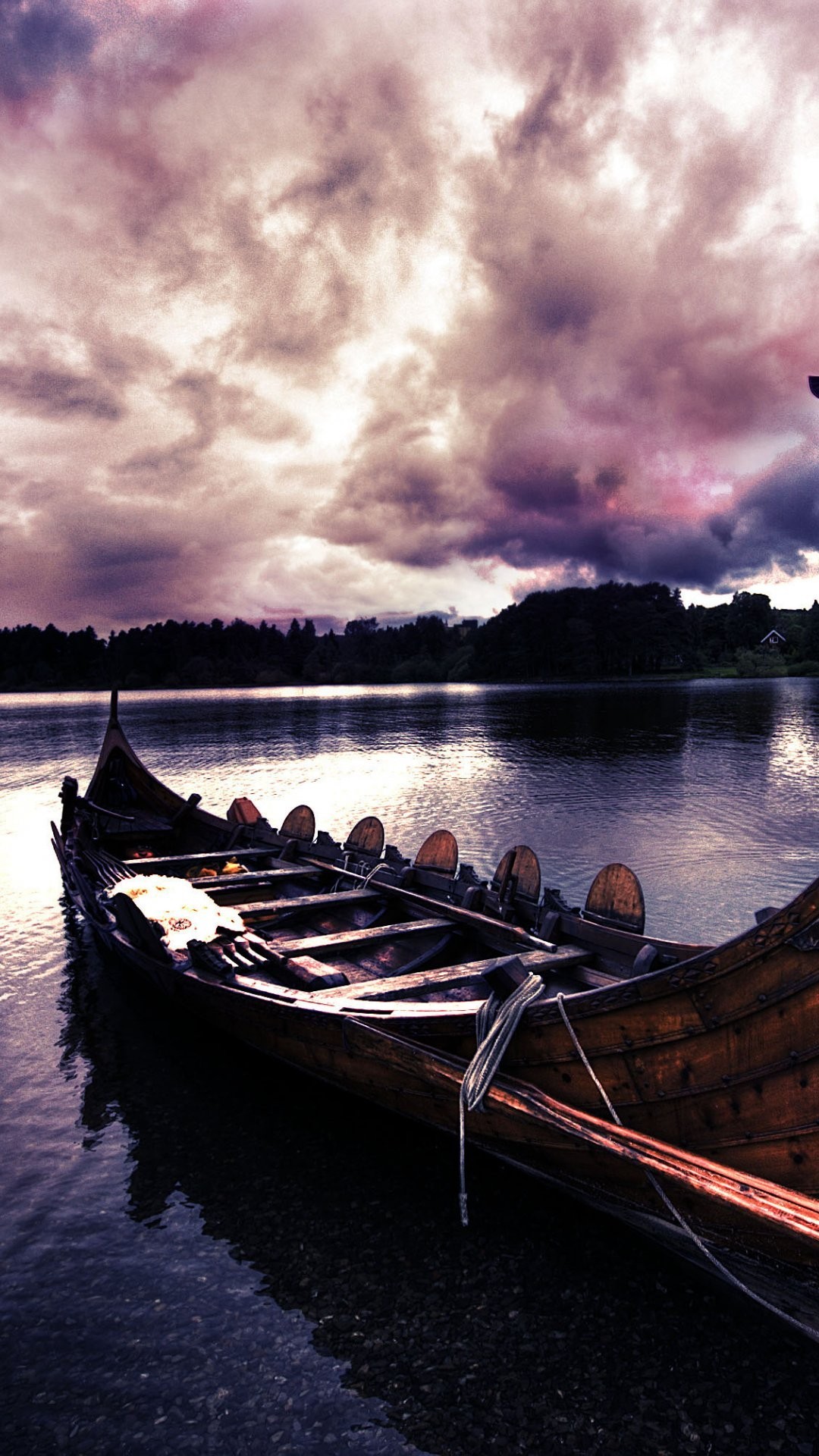 Drakkar, Lago, Tramonto viola, Full HD, schermata di blocco del cellulare